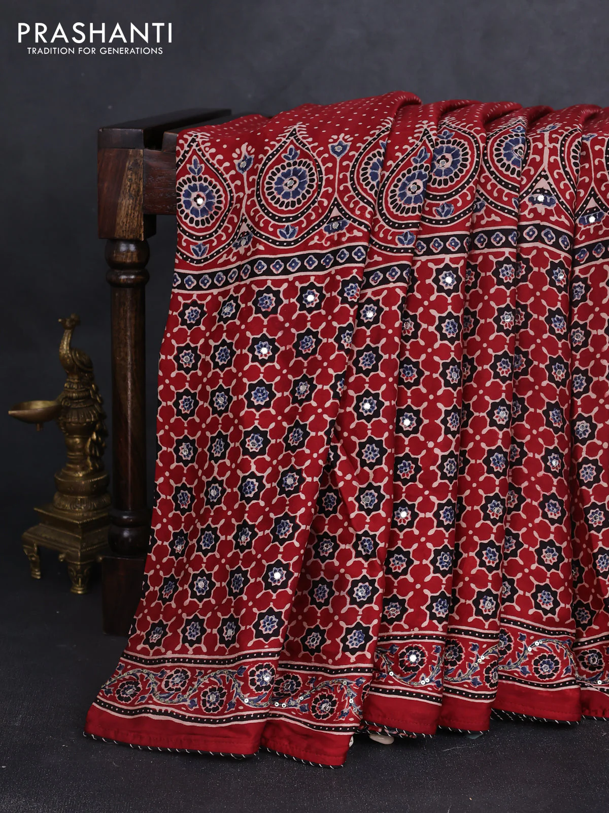 Modal silk saree maroon with ajrakh prints & mirror work and sequin embroidered work pallu - Image 5