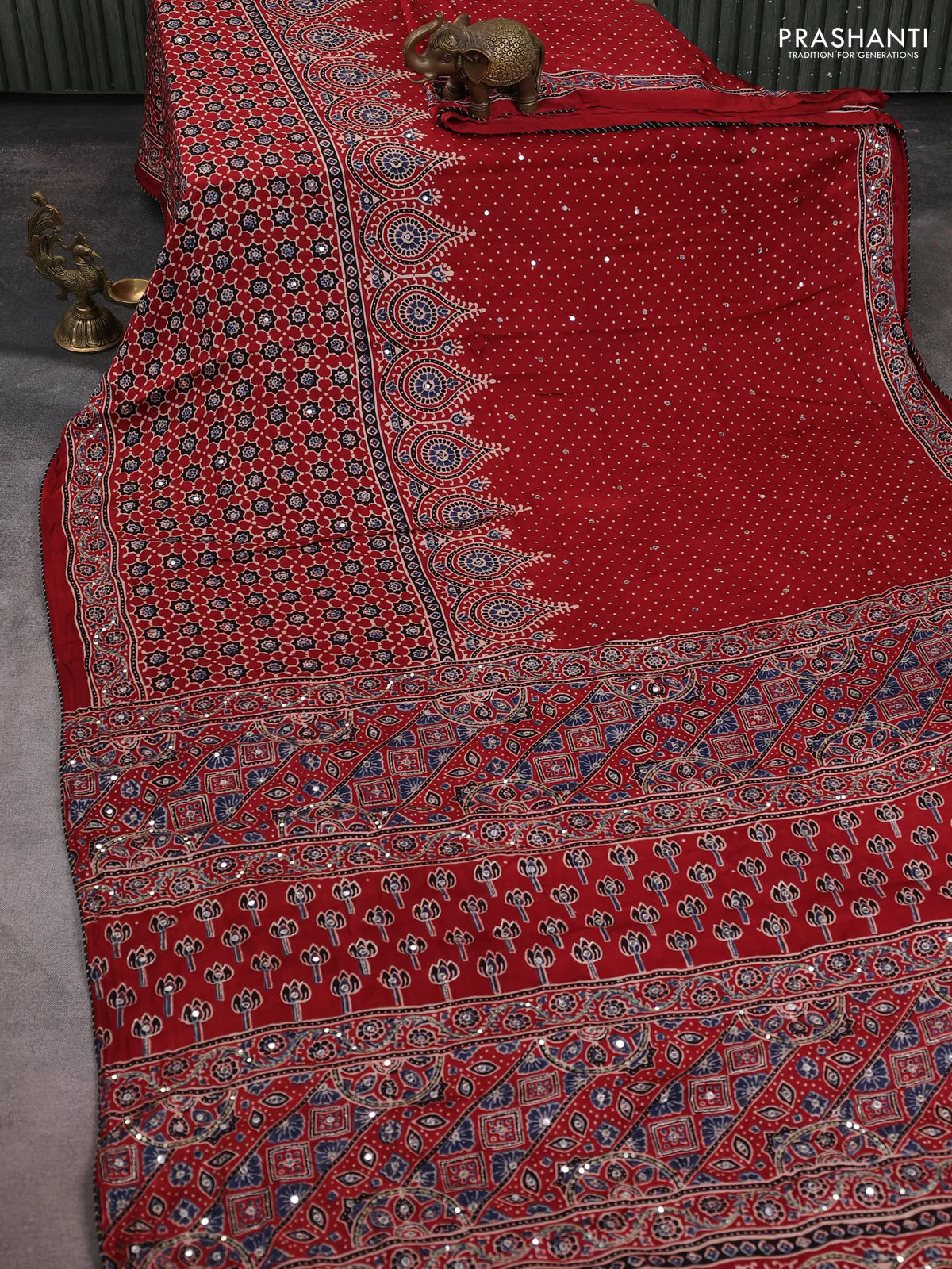 Modal silk saree maroon with ajrakh prints & mirror work and sequin embroidered work pallu - Image 6