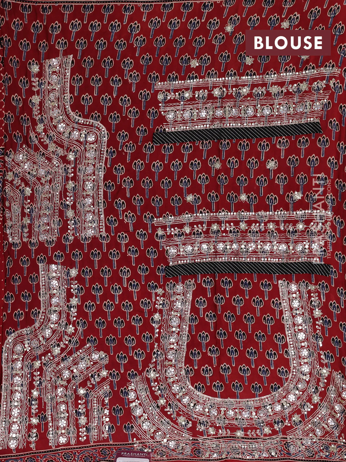 Modal silk saree maroon with ajrakh prints & mirror work and sequin embroidered work pallu - Image 7