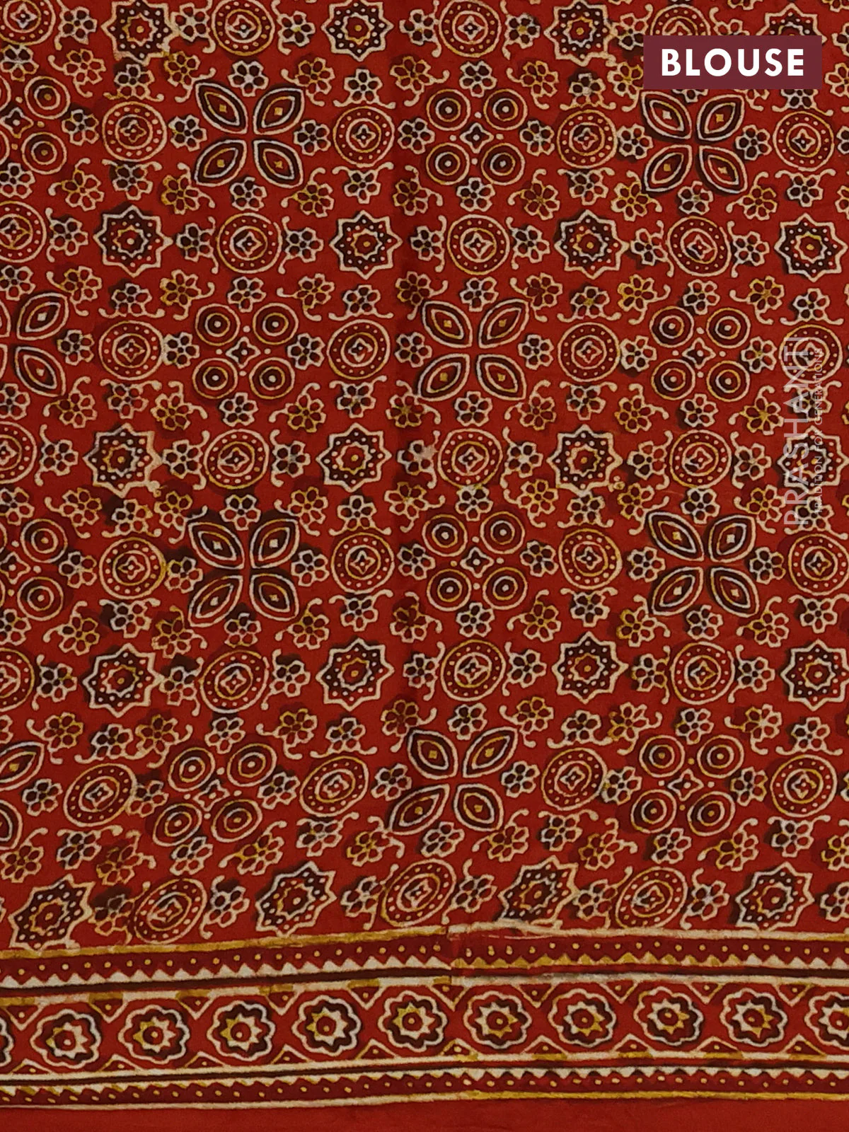 Modal silk saree peach pink and orange with allover bandhani butta prints and ajrakh printed pallu & Blouse - Image 3