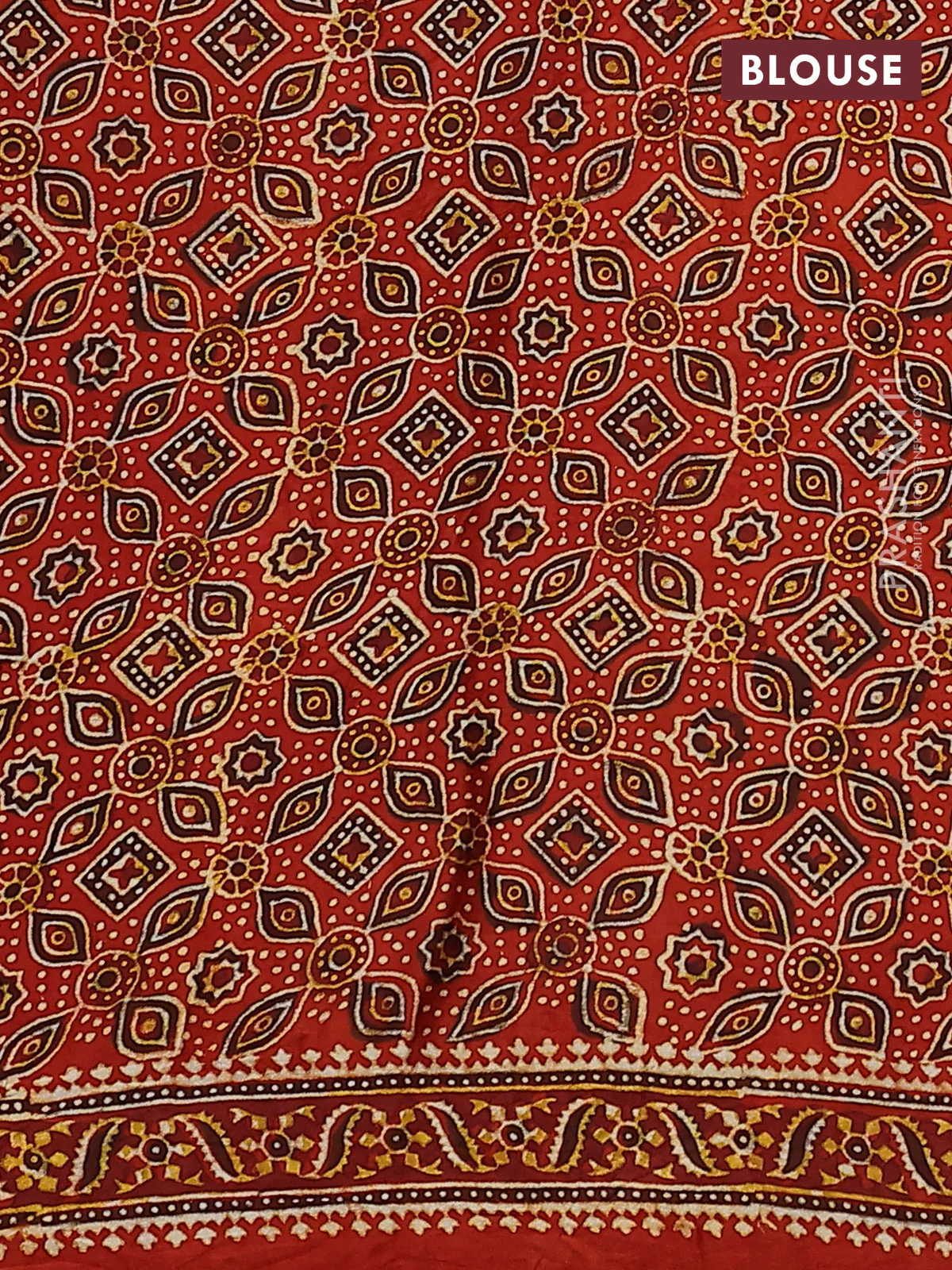 Modal silk saree purple and orange with allover bandhani butta prints and ajrakh printed pallu & Blouse - Image 3