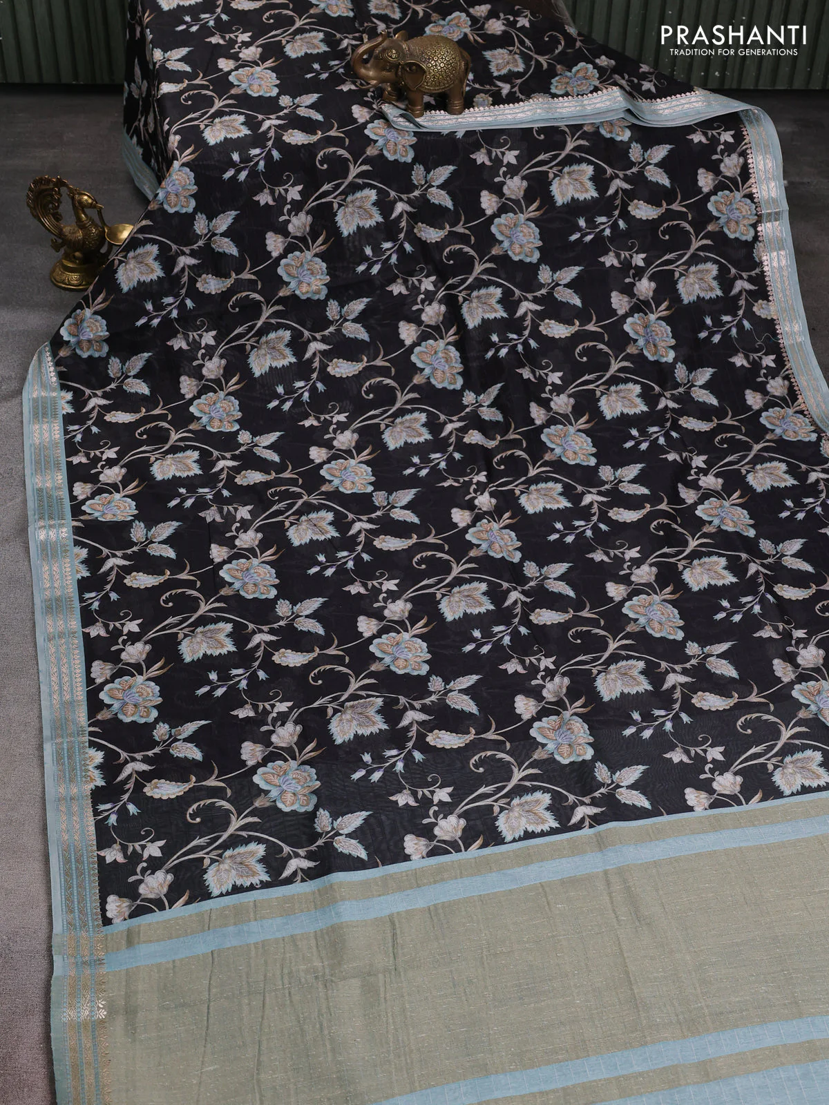 Mul chanderi saree black and pastel blue with allover digital prints and zari woven border - Image 2