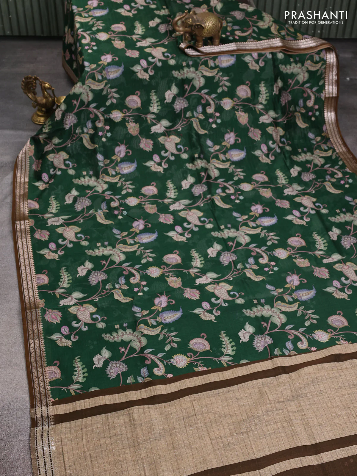 Mul chanderi saree bottle green and brown with allover floral digital prints and zari woven border - Image 2