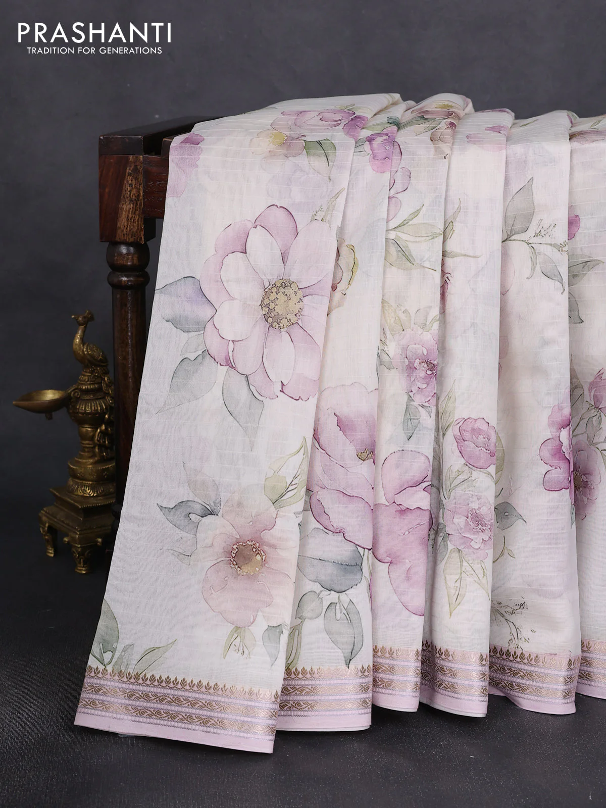 Mul chanderi saree cream and baby pink with allover floral digital prints and zari woven border