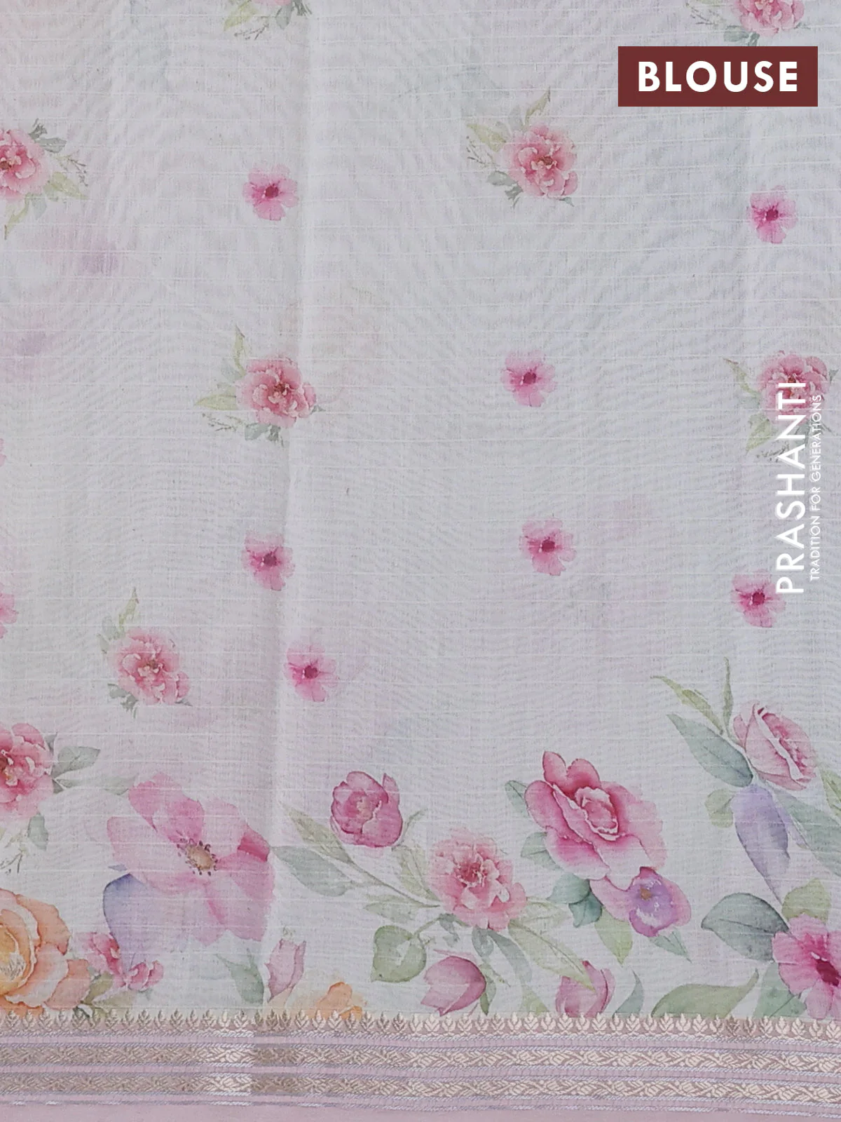 Mul chanderi saree cream and baby pink with allover floral digital prints and zari woven border - Image 3
