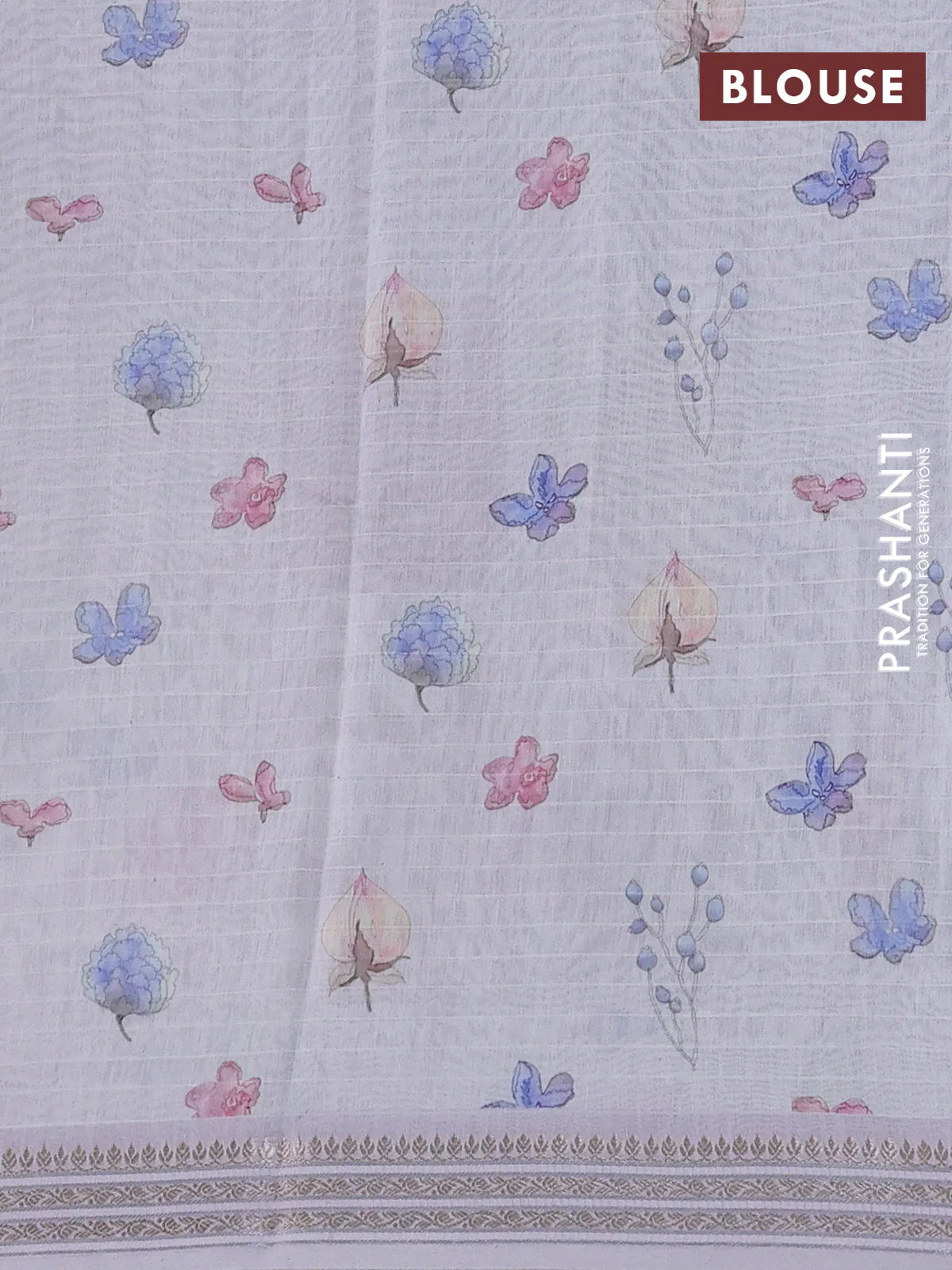 Mul chanderi saree cream and mild lavender with allover floral digital prints and zari woven border - Image 3