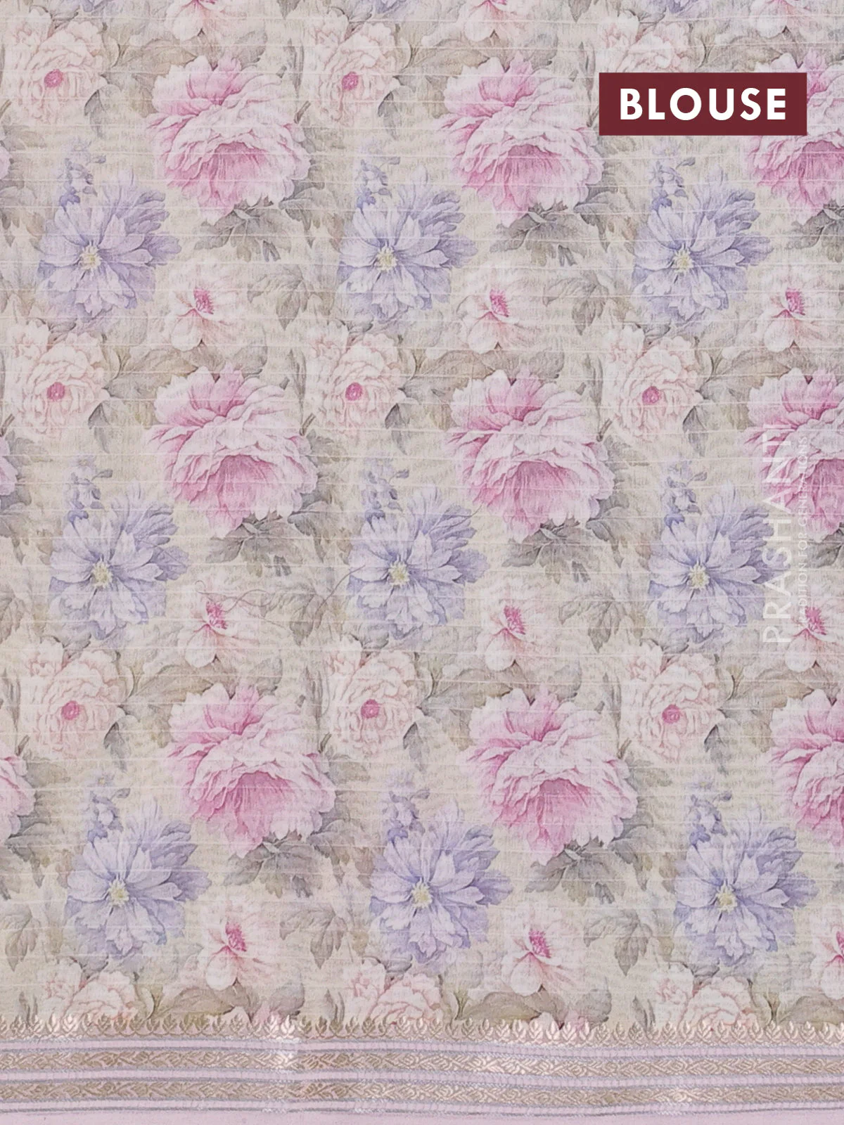 Mul chanderi saree cream and mild lavender with allover floral digital prints and zari woven border - Image 3