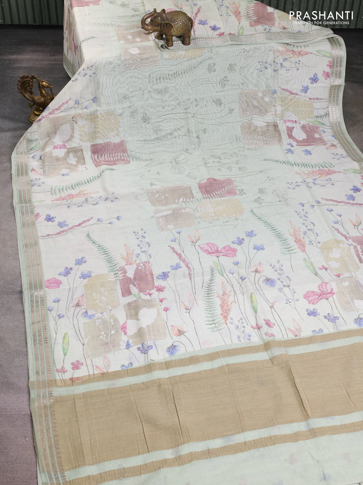 Mul chanderi saree cream and pastel green with allover floral digital prints and zari woven border - Image 2