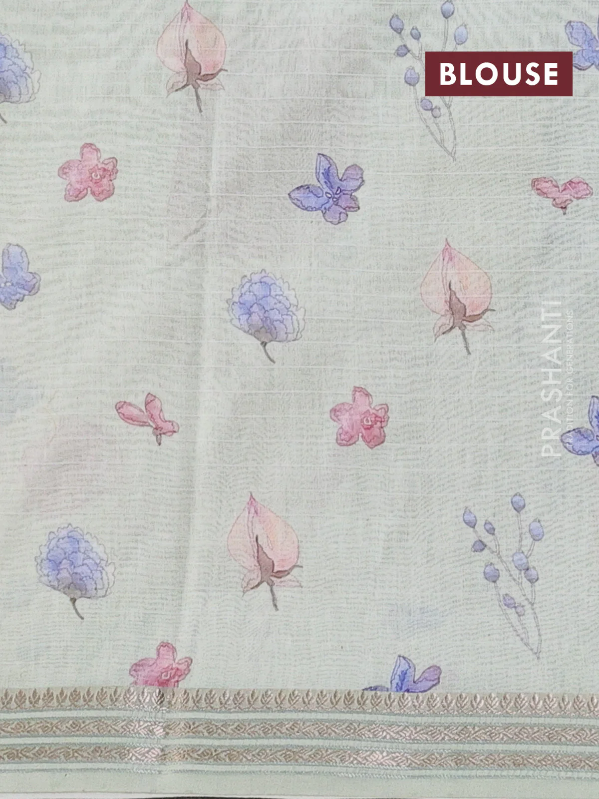 Mul chanderi saree cream and pastel green with allover floral digital prints and zari woven border - Image 3