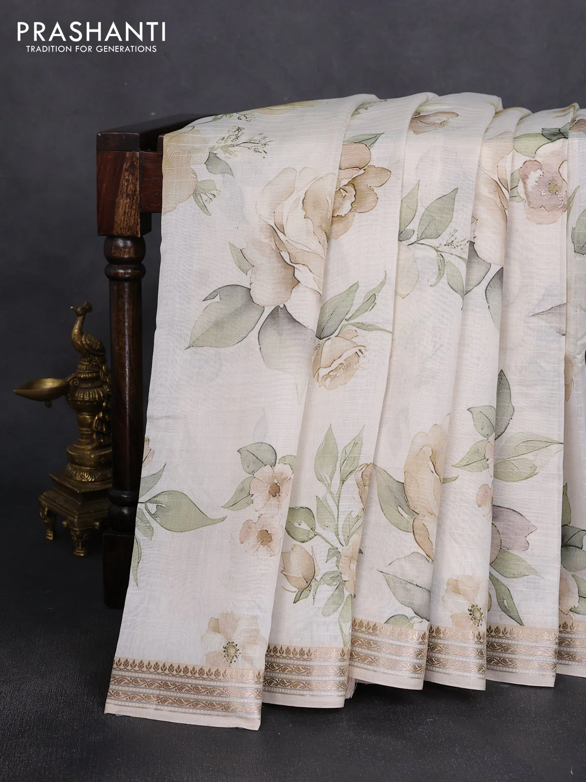 Mul chanderi saree cream and sandal with allover floral digital prints and zari woven border