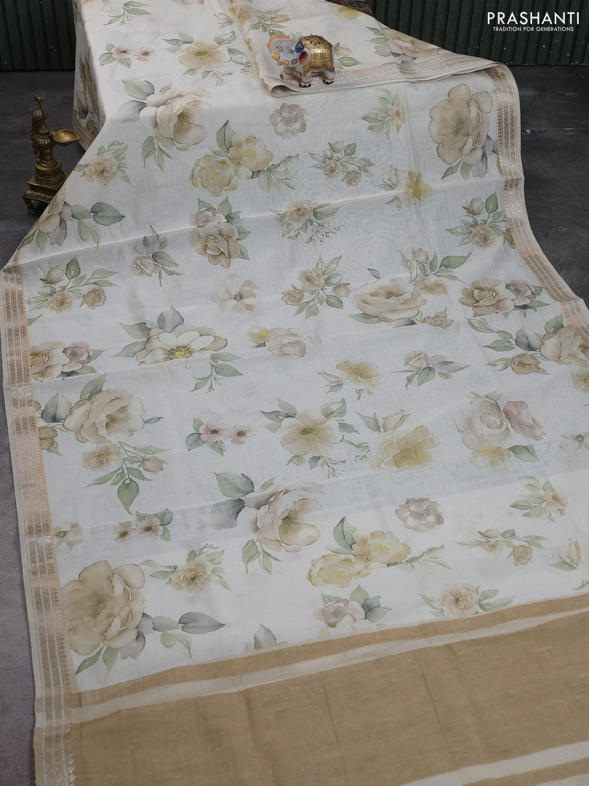 Mul chanderi saree cream and sandal with allover floral digital prints and zari woven border - Image 2