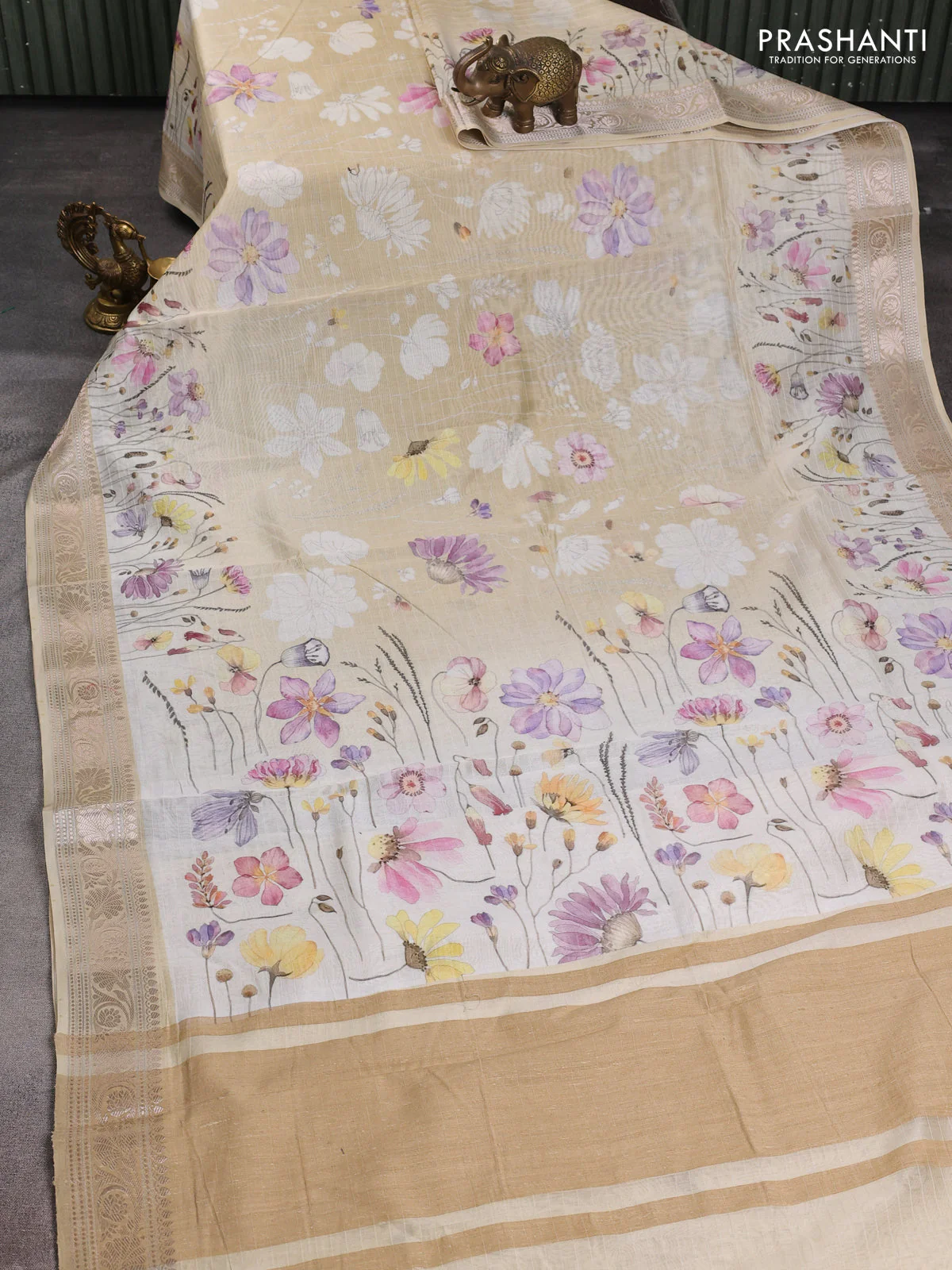 Mul chanderi saree cream and sandal with allover floral digital prints and zari woven border - Image 2