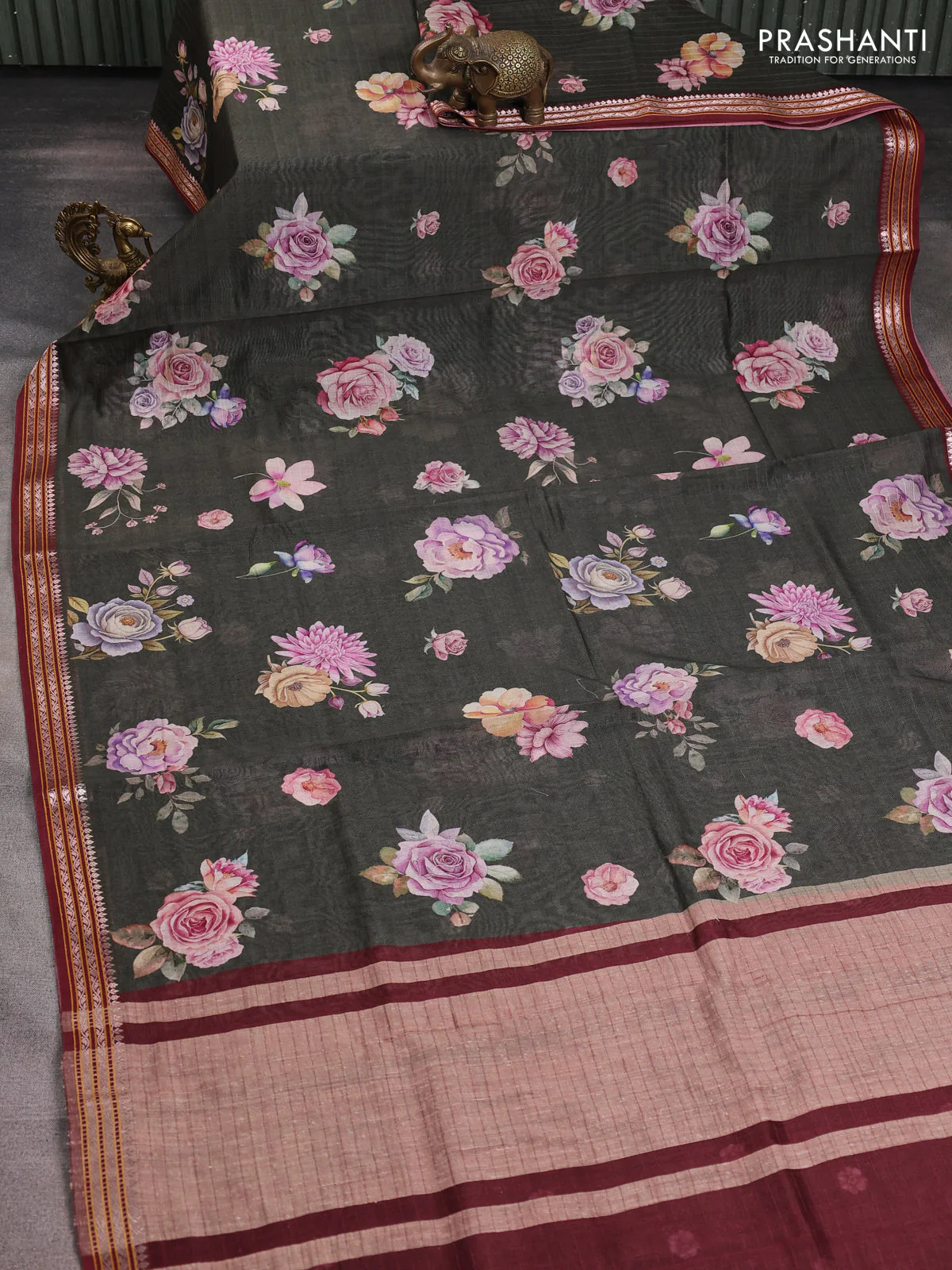 Mul chanderi saree dark olive green and maroon with allover floral digital prints and zari woven border - Image 2