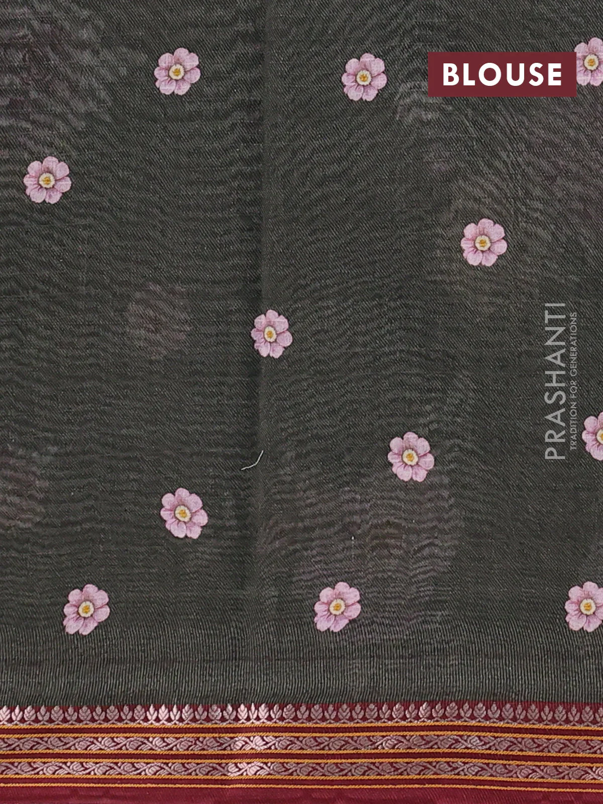 Mul chanderi saree dark olive green and maroon with allover floral digital prints and zari woven border - Image 3
