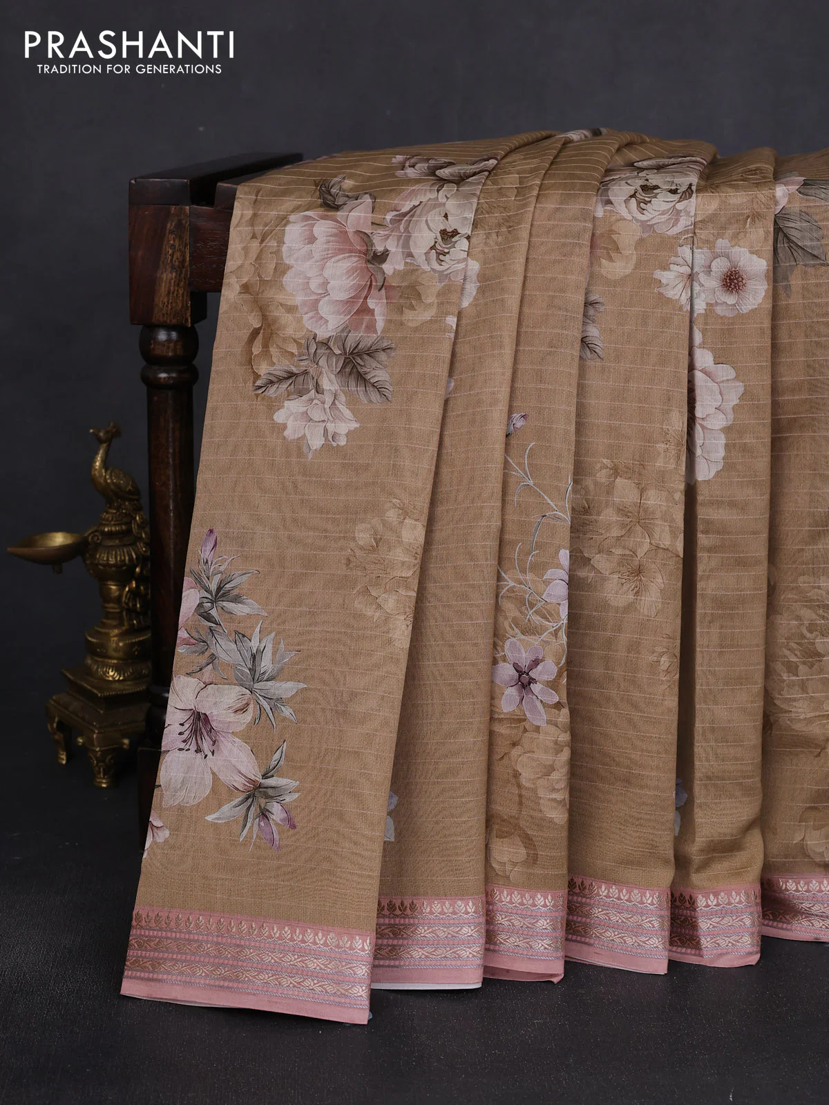 Mul chanderi saree dark sandal and pastel peach with allover floral digital prints and zari woven border