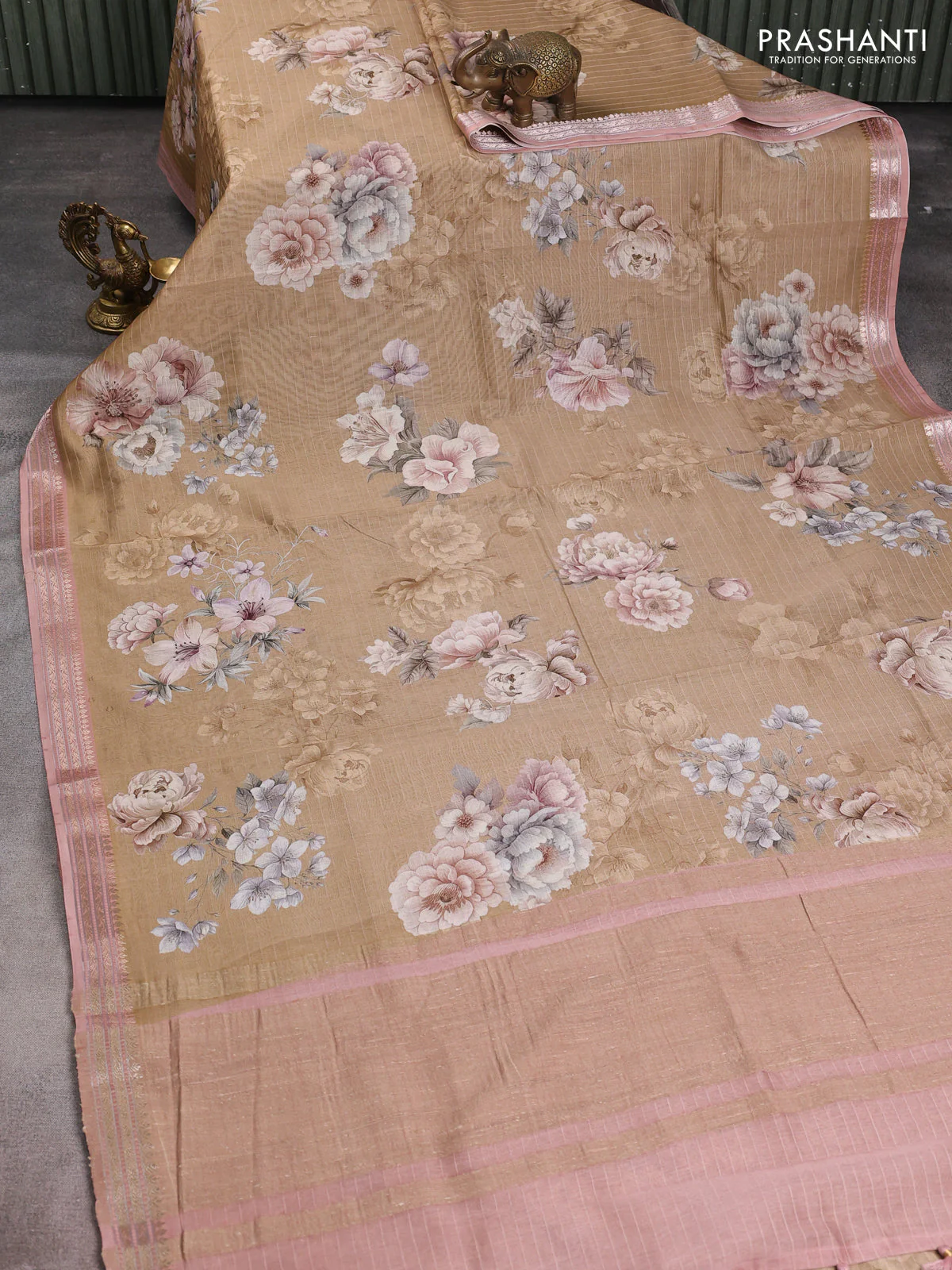 Mul chanderi saree dark sandal and pastel peach with allover floral digital prints and zari woven border - Image 2