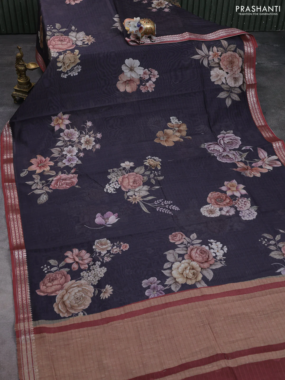 Mul chanderi saree elephant grey and maroon with allover floral digital prints and zari woven border - Image 2