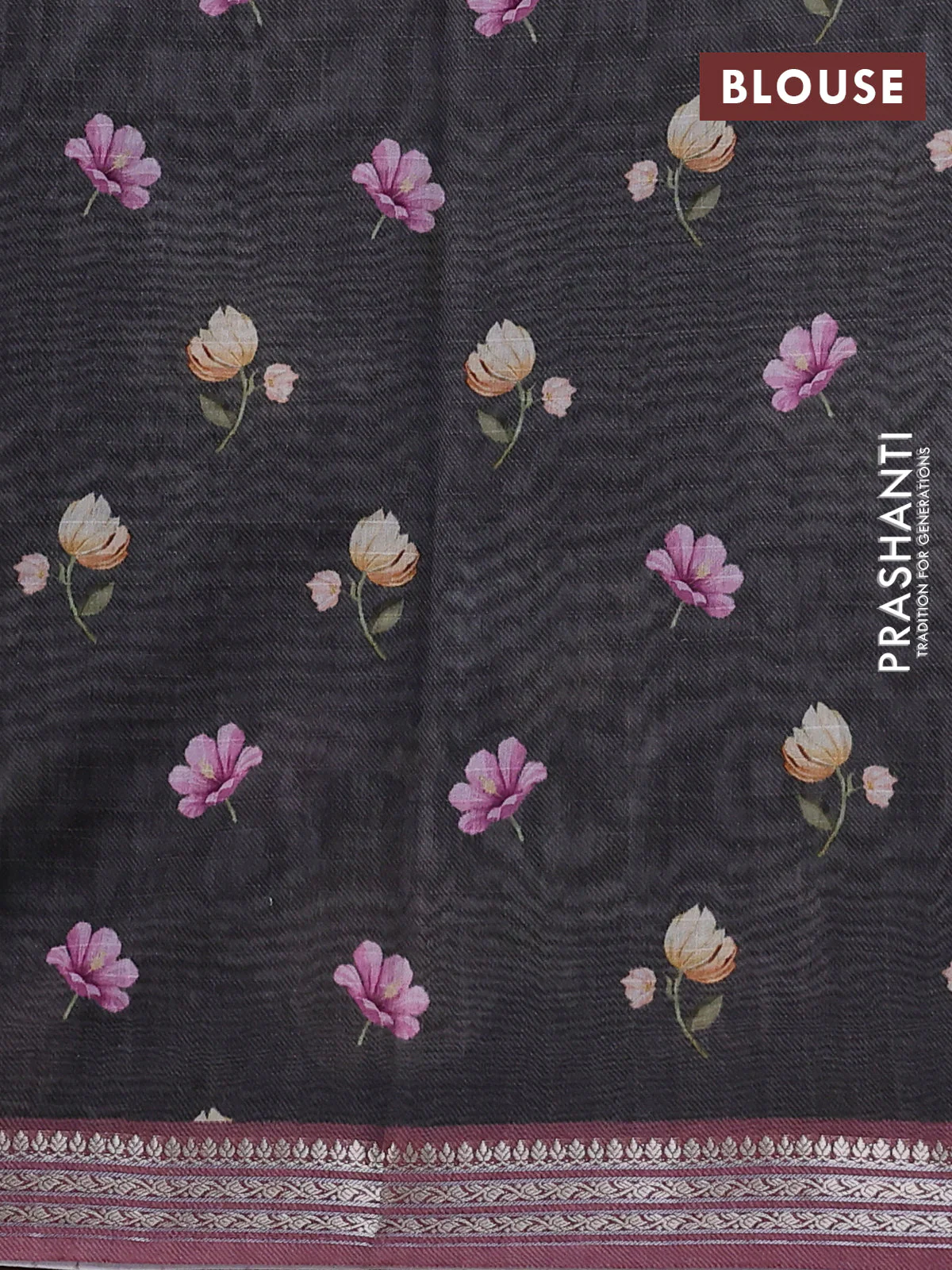 Mul chanderi saree elephant grey and mavue pink with allover floral digital prints and zari woven border - Image 3