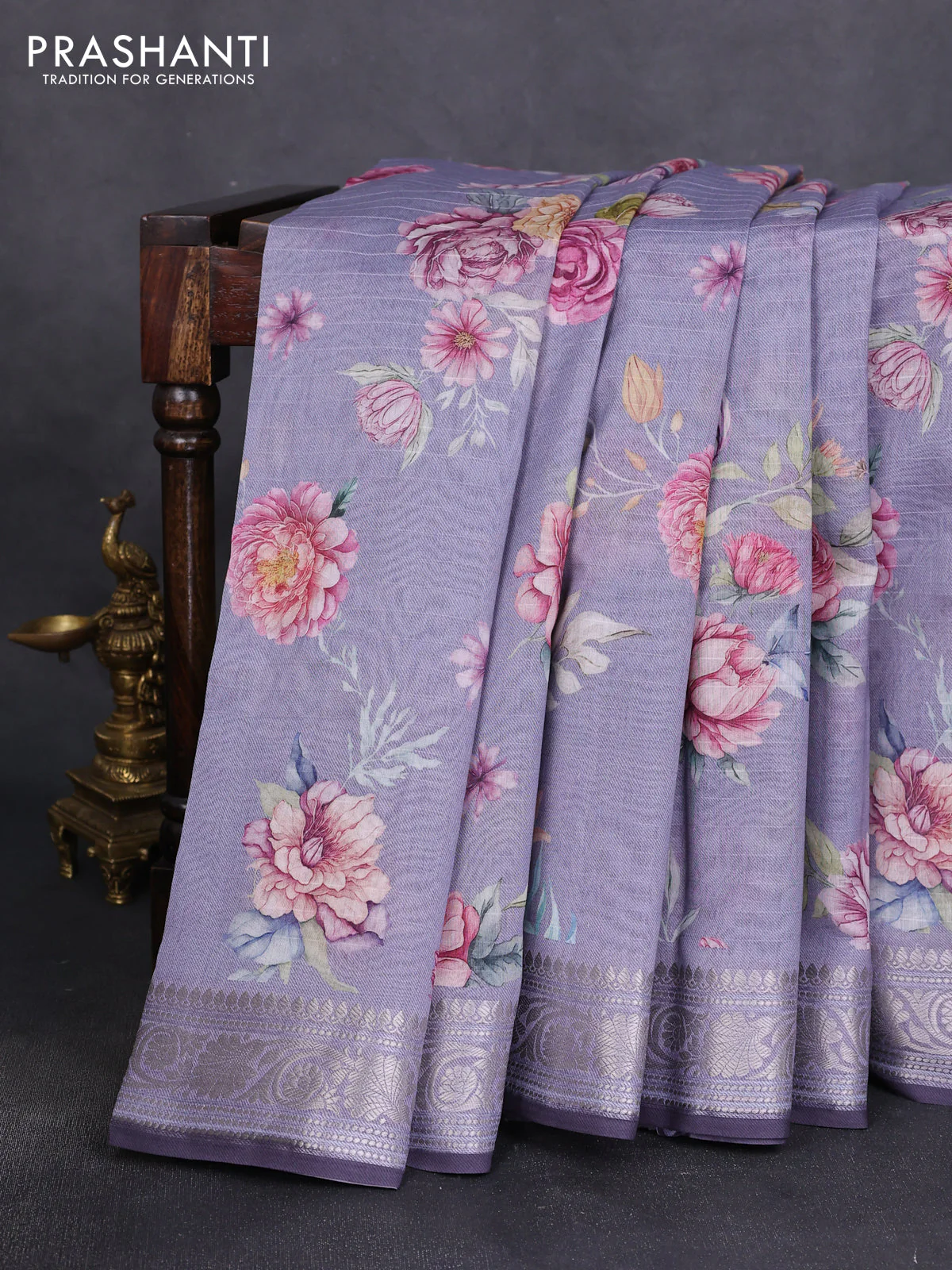 Mul chanderi saree grey with allover floral digital prints and zari woven border