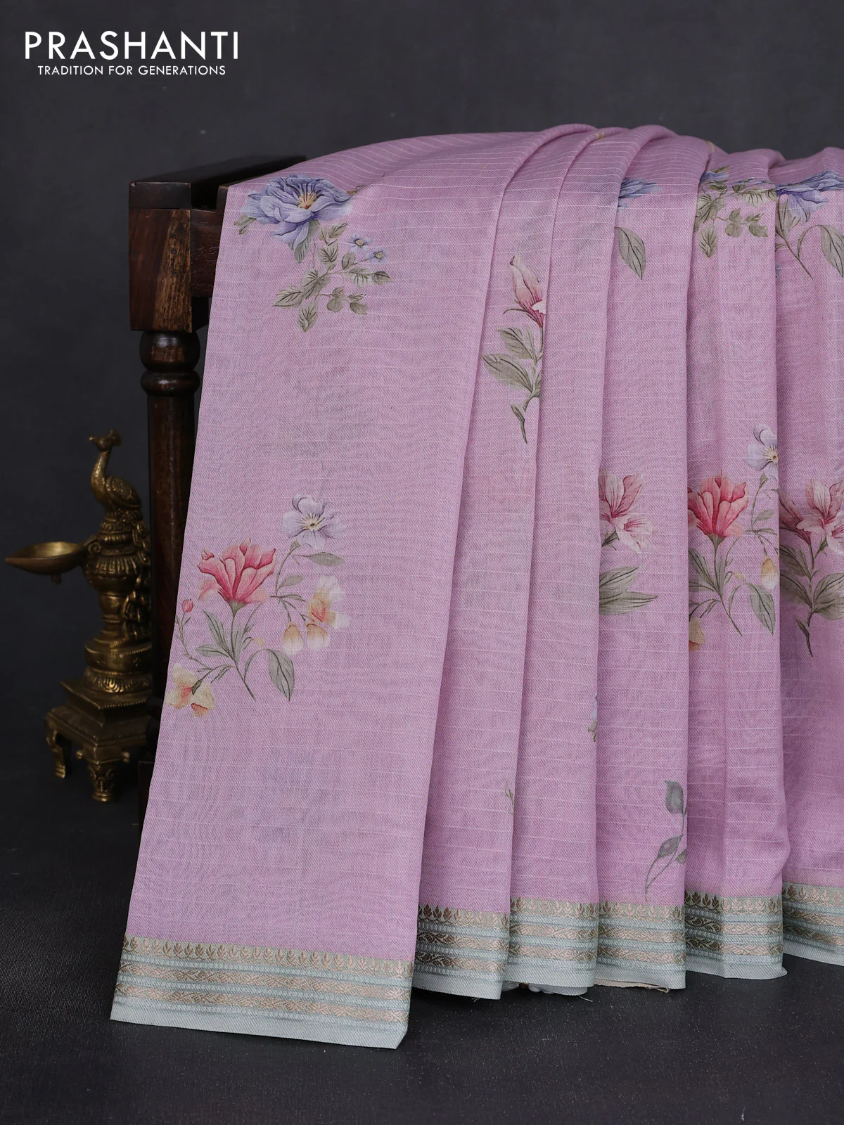 Mul chanderi saree lavender and pastel green with allover floral digital prints and zari woven border