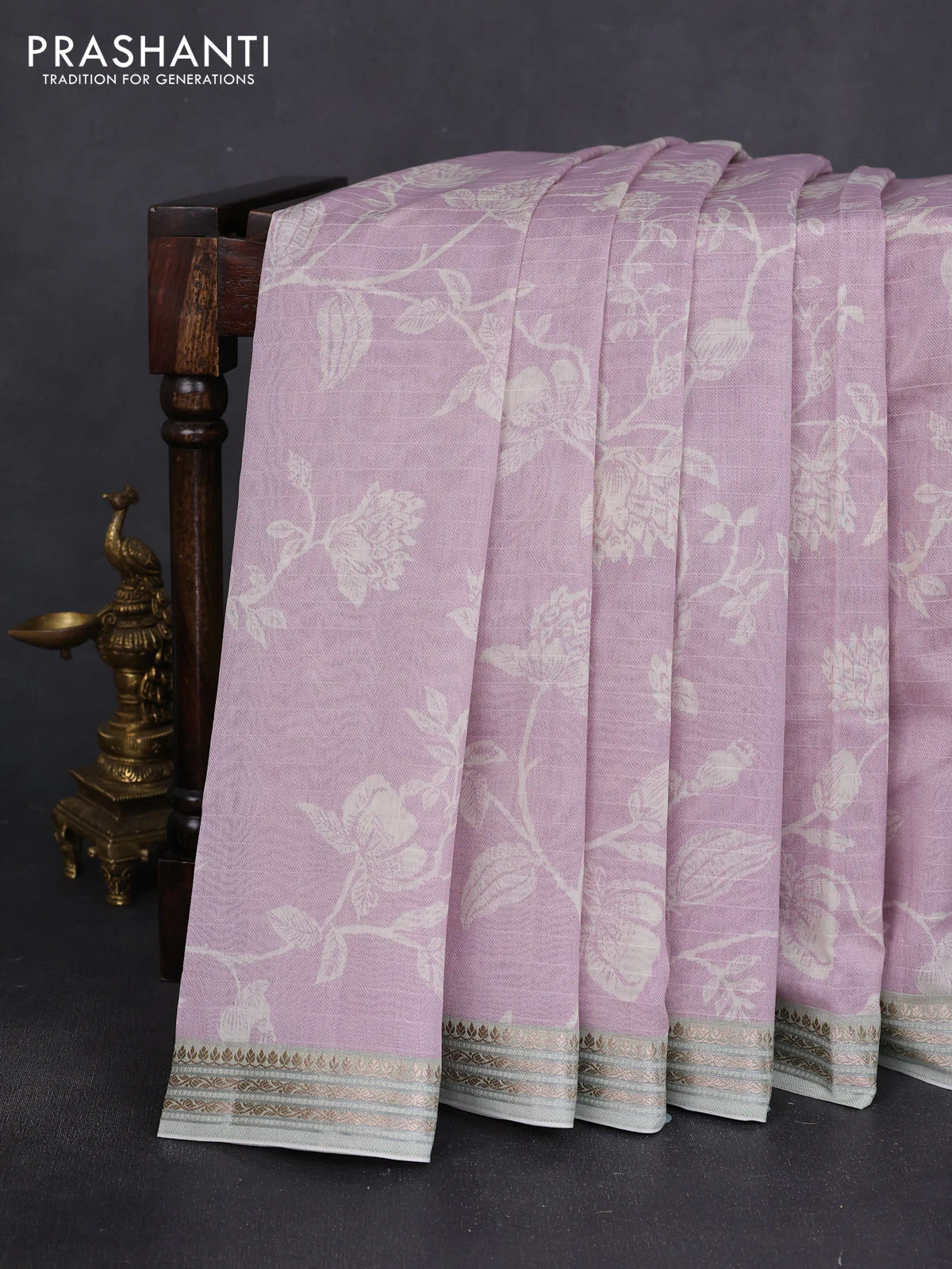Mul chanderi saree lavender shade and pastel green with allover floral digital prints and zari woven border