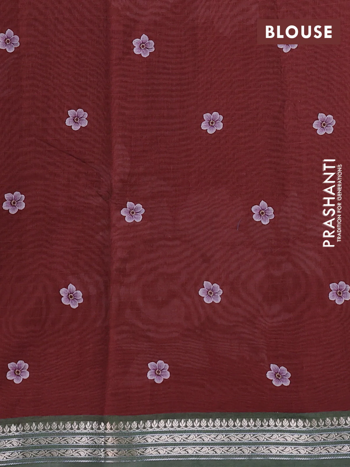Mul chanderi saree maroon and olive green with allover floral digital prints and zari woven border - Image 3