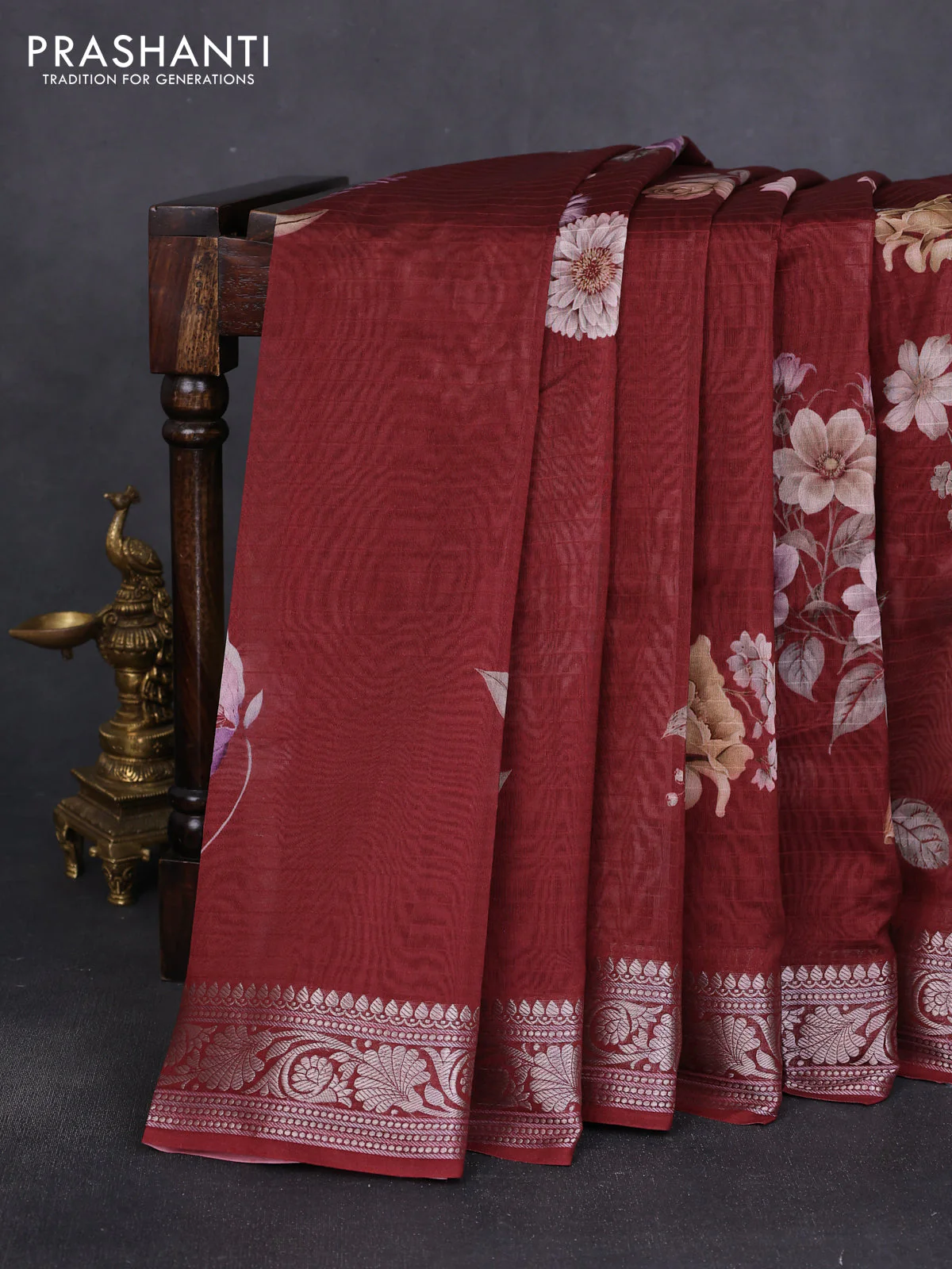 Mul chanderi saree maroon with allover floral digital prints and zari woven border