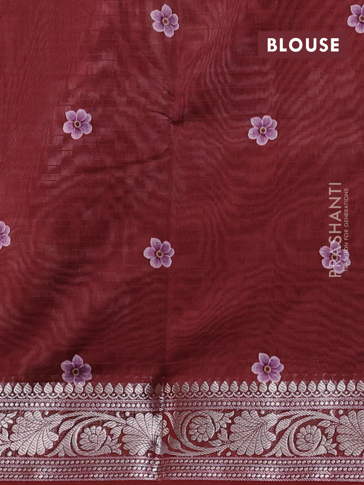 Mul chanderi saree maroon with allover floral digital prints and zari woven border - Image 3
