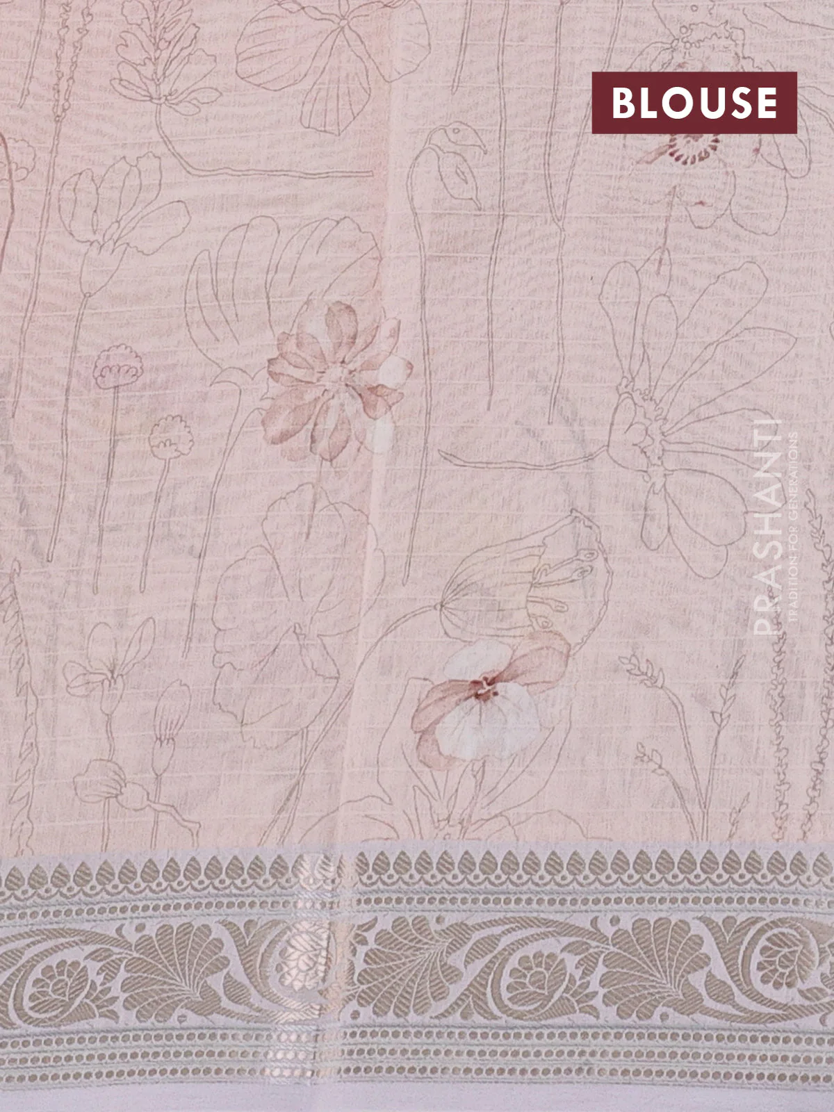 Mul chanderi saree mild peach and off white with allover floral digital prints and zari woven border - Image 3