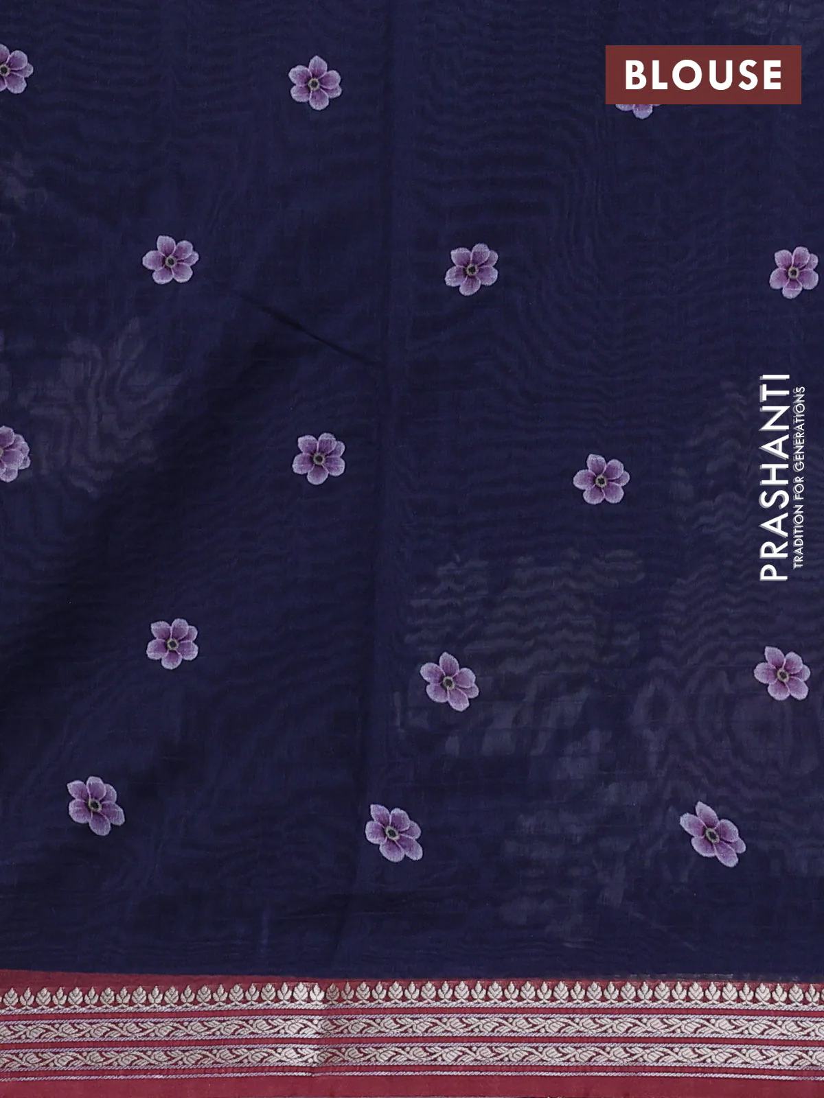 Mul chanderi saree navy blue and maroon with allover floral digital prints and zari woven border - Image 3