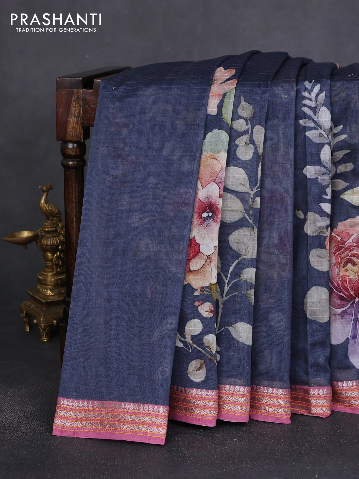 Mul chanderi saree navy blue and mavue pink with allover floral digital prints and zari woven border