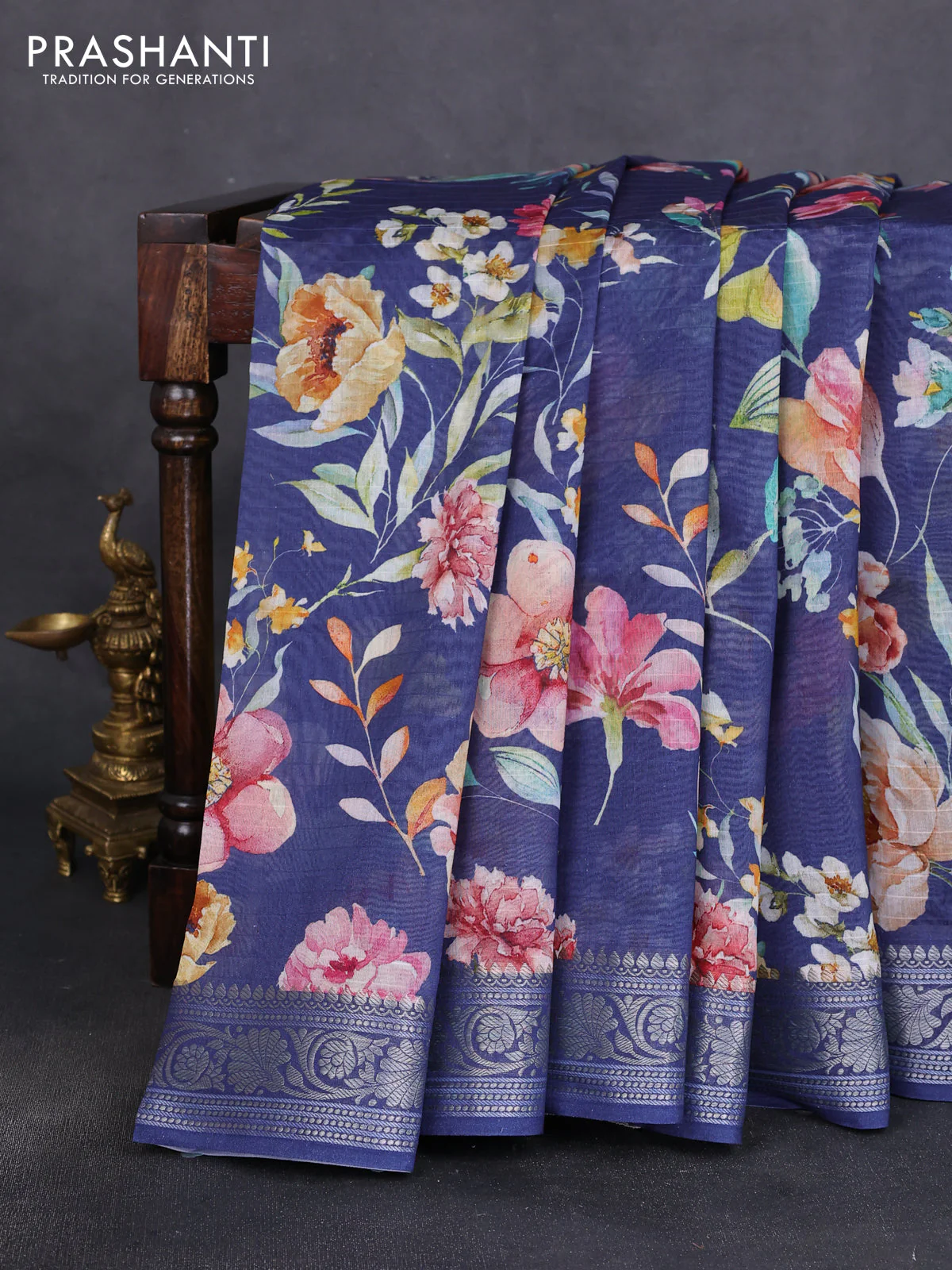Mul chanderi saree navy blue with allover floral digital prints and zari woven border