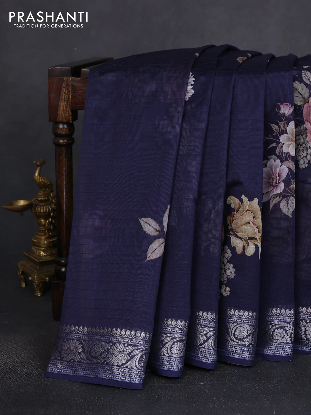 Mul chanderi saree navy blue with allover floral digital prints and zari woven border