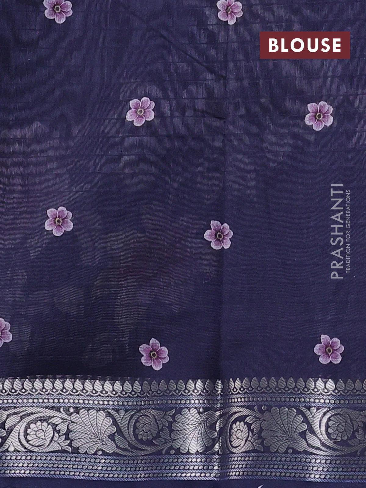 Mul chanderi saree navy blue with allover floral digital prints and zari woven border - Image 3