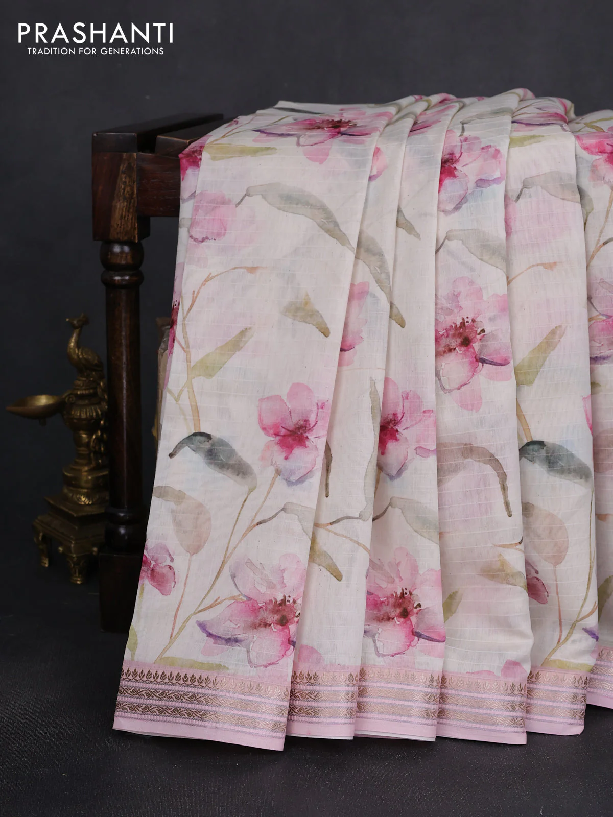 Mul chanderi saree off white and baby pink with allover floral digital prints and zari woven border