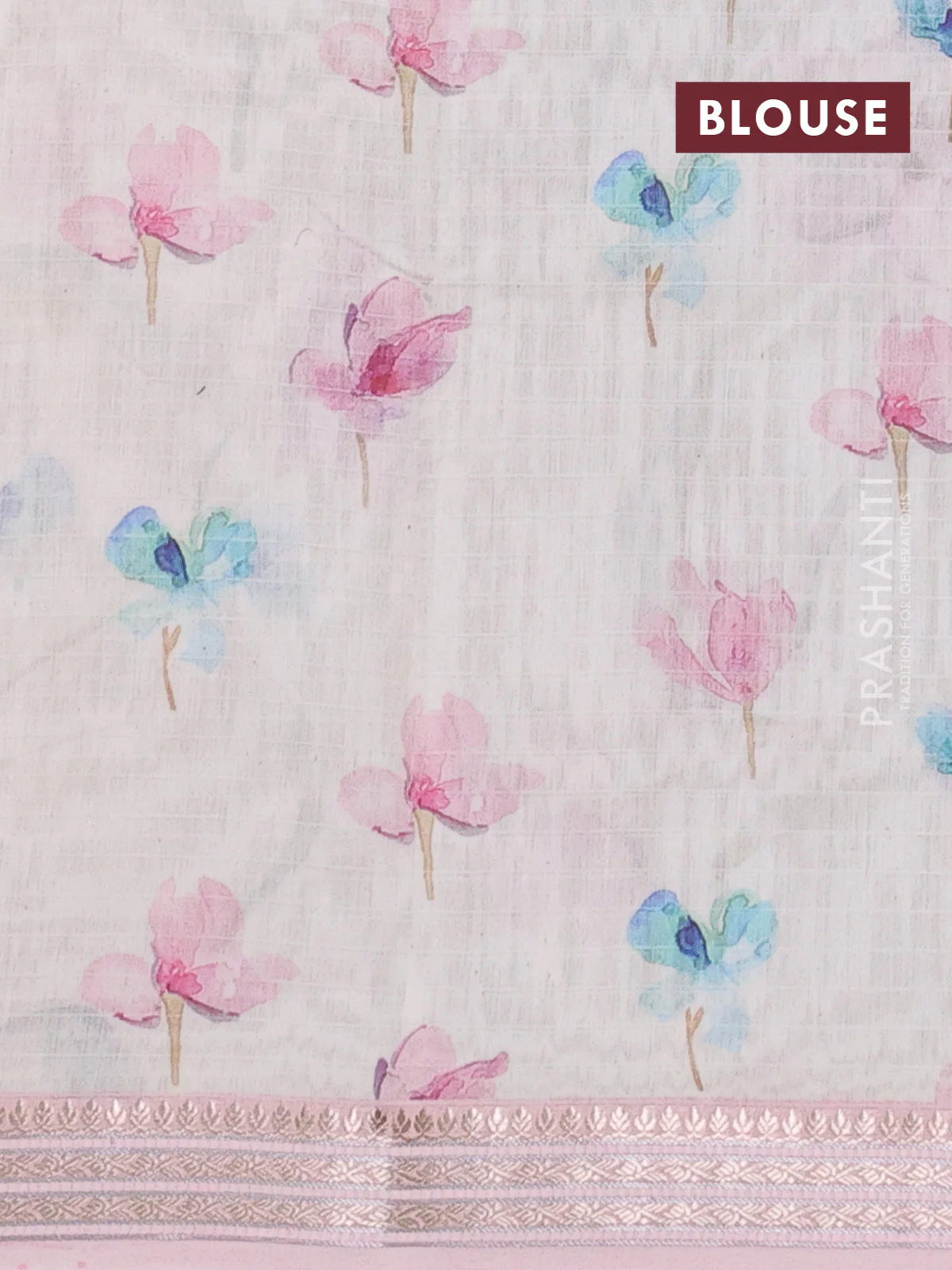 Mul chanderi saree off white and baby pink with allover floral digital prints and zari woven border - Image 3