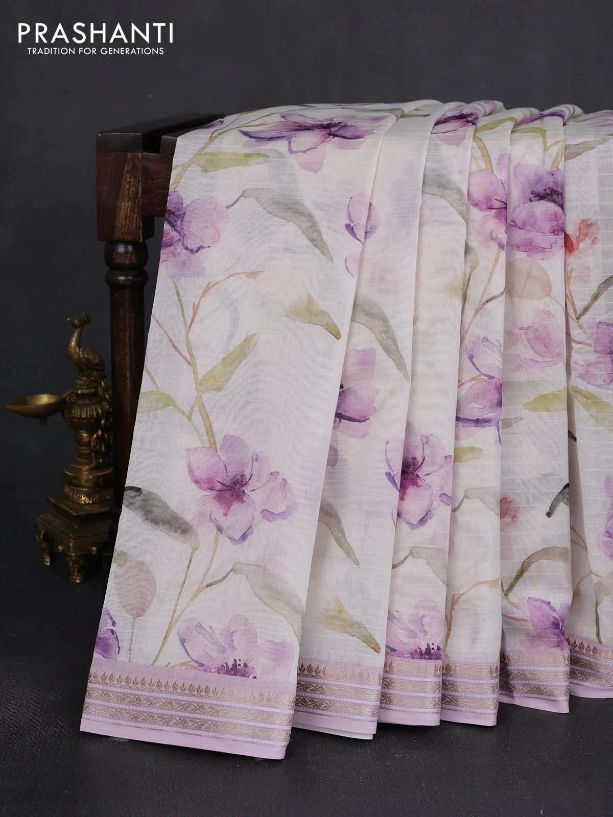 Mul chanderi saree off white and baby pink with allover floral digital prints and zari woven border