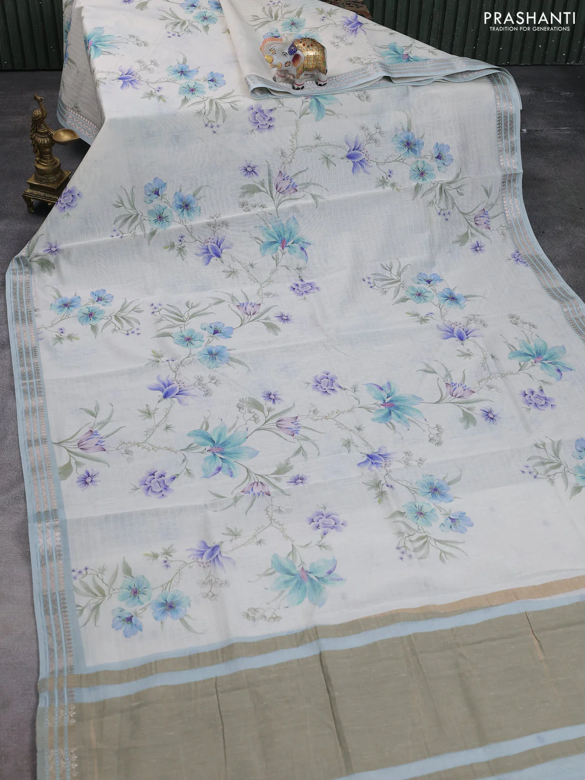 Mul chanderi saree off white and pastel blue with allover floral digital prints and zari woven border - Image 2