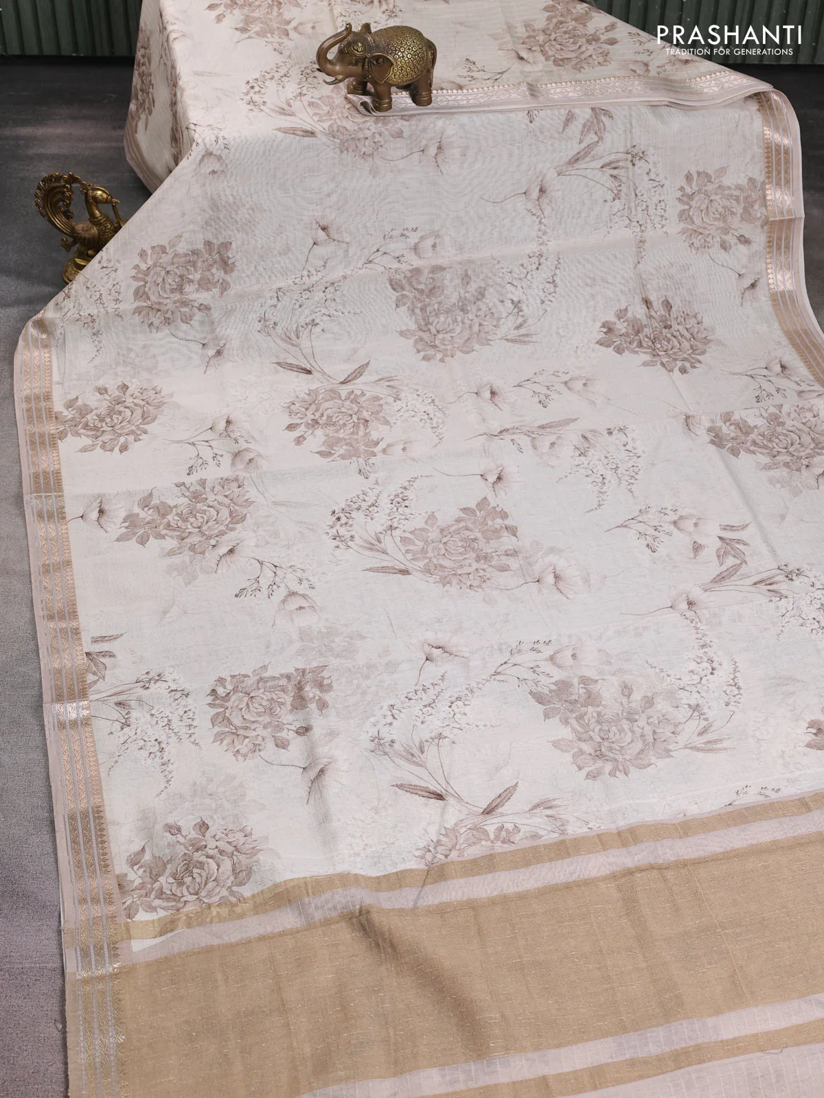 Mul chanderi saree off white and pastel brown with allover floral digital prints and zari woven border - Image 2