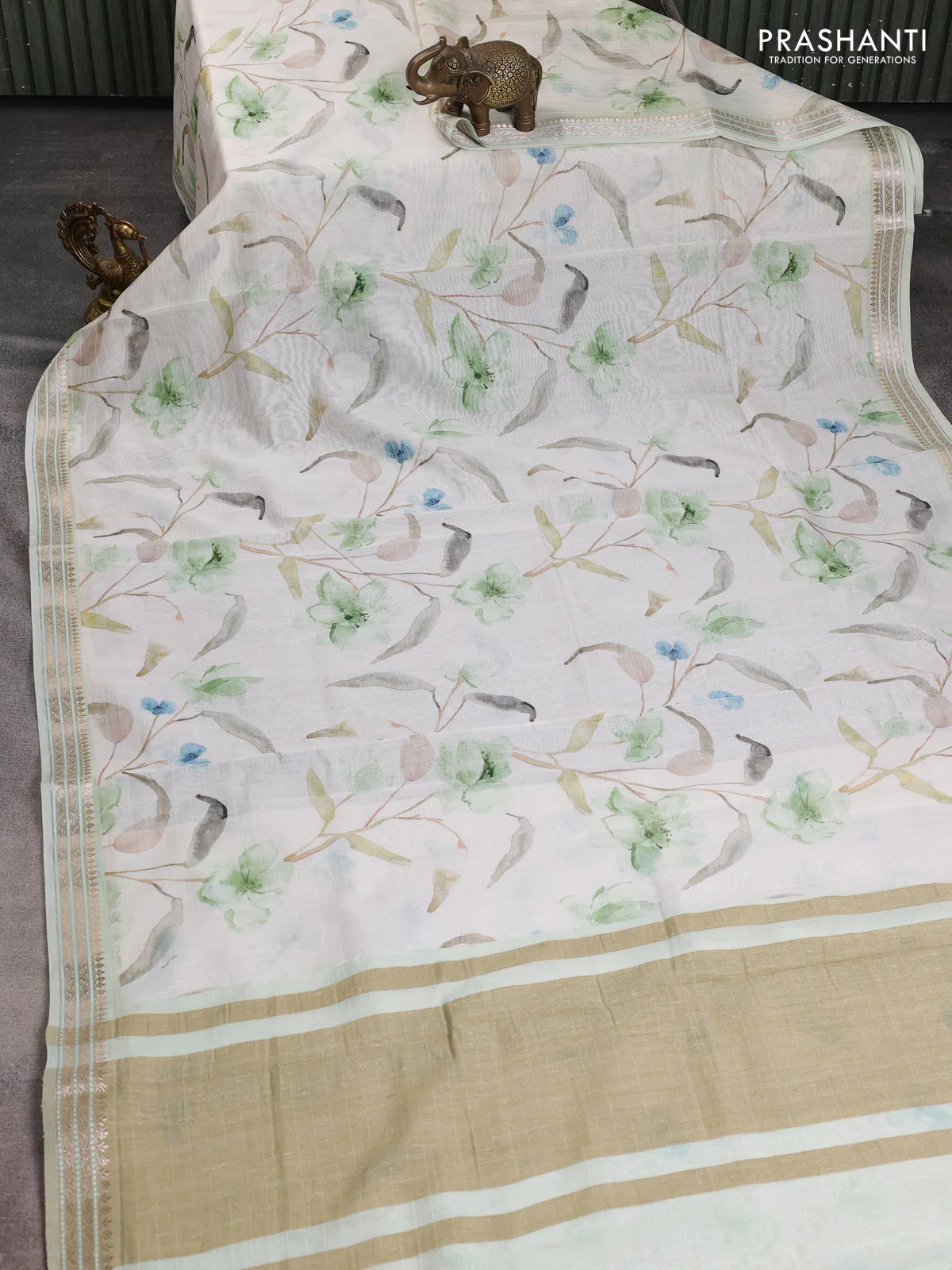 Mul chanderi saree off white and pastel green with allover floral digital prints and zari woven border - Image 2
