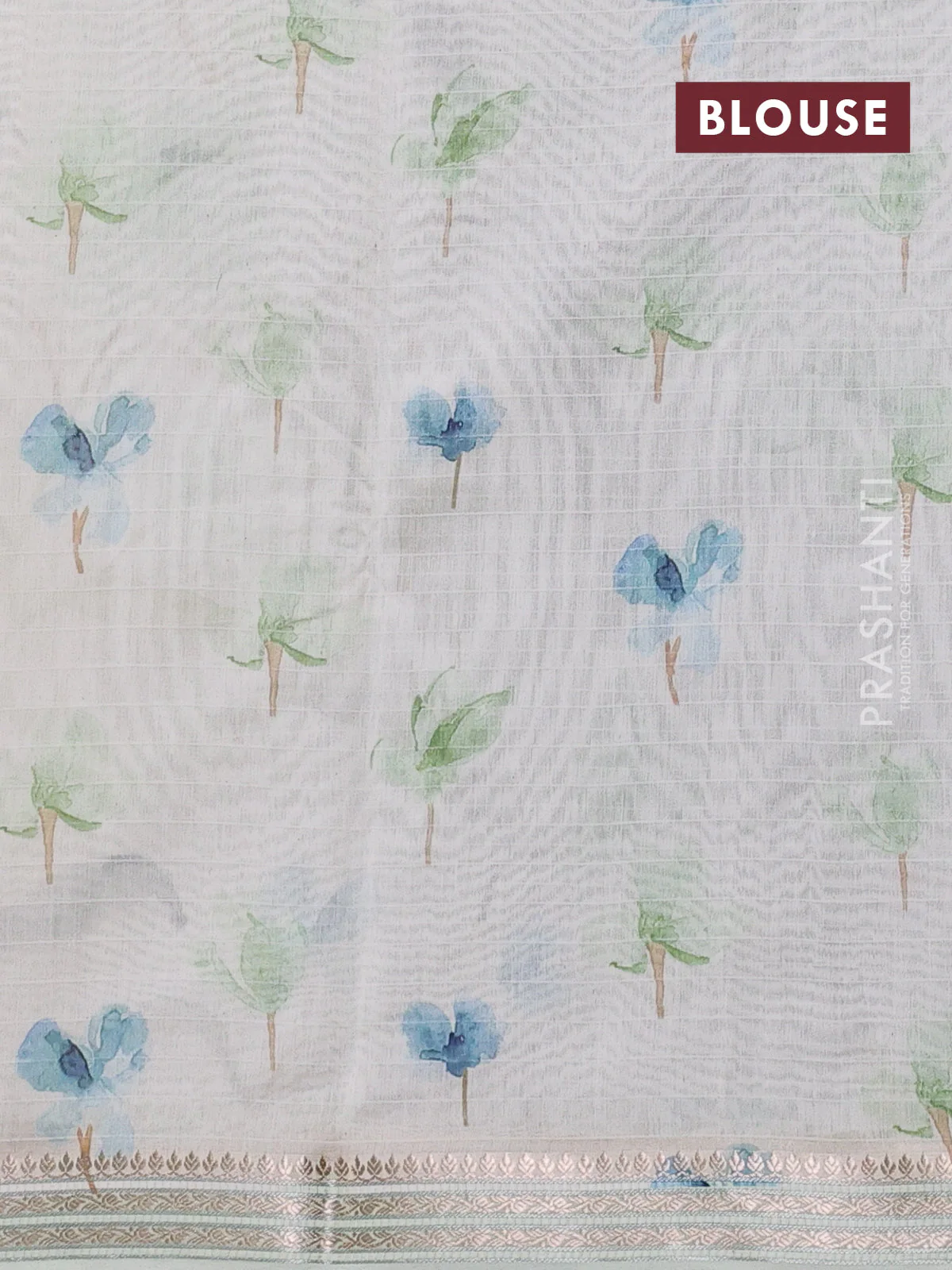 Mul chanderi saree off white and pastel green with allover floral digital prints and zari woven border - Image 3