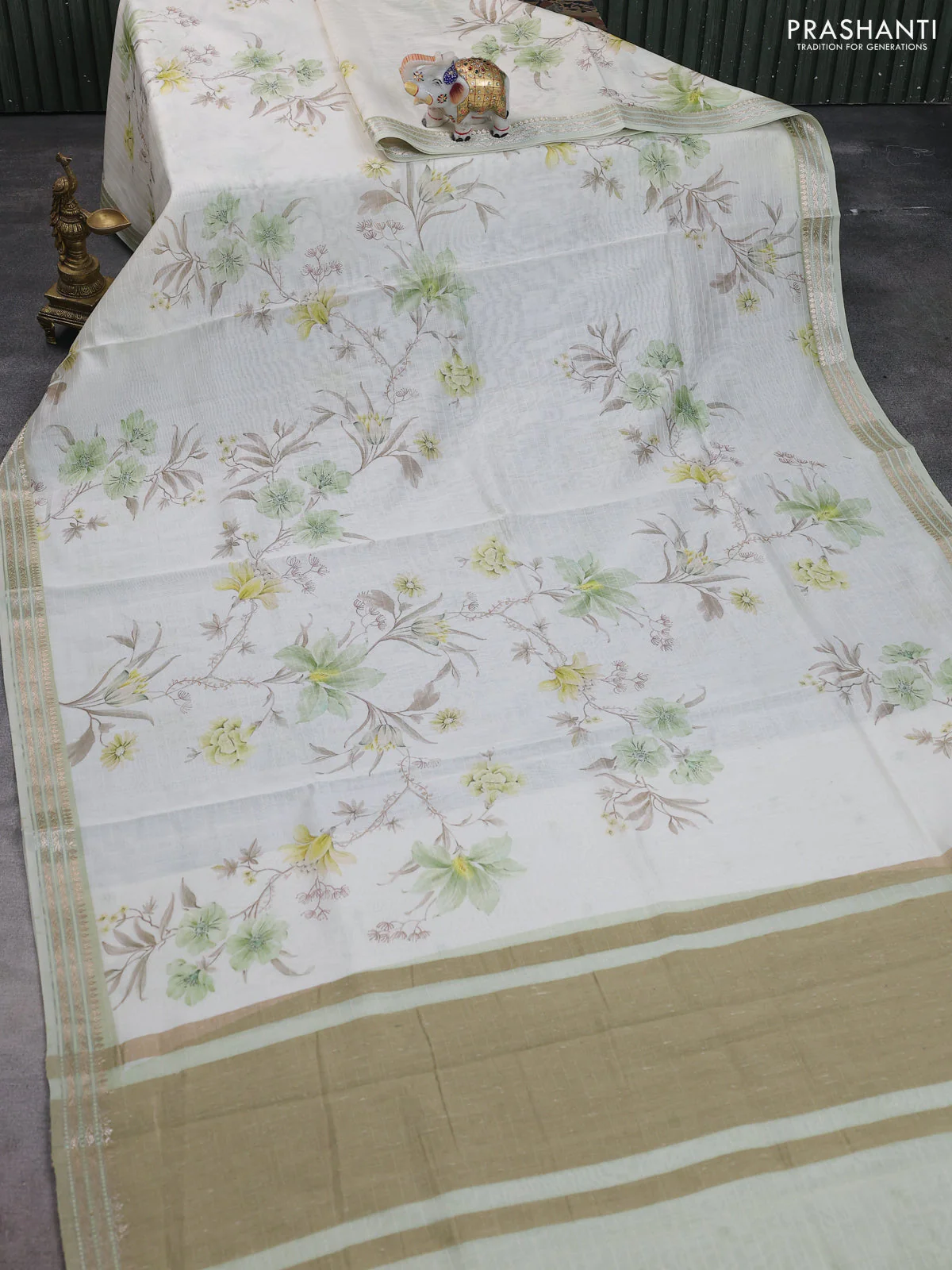 Mul chanderi saree off white and pastel green with allover floral digital prints and zari woven border - Image 2