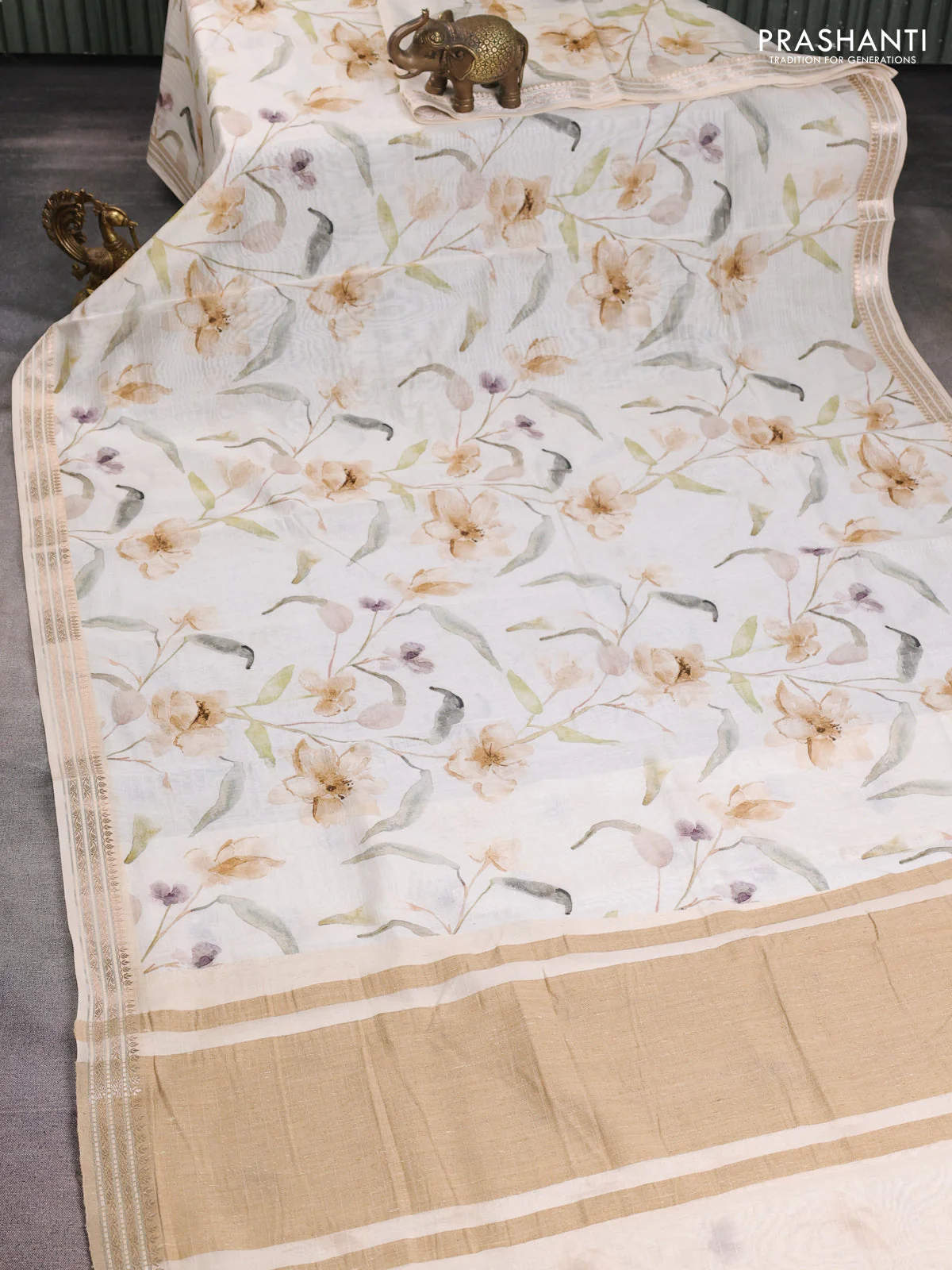 Mul chanderi saree off white and sandal with allover floral digital prints and zari woven border - Image 2