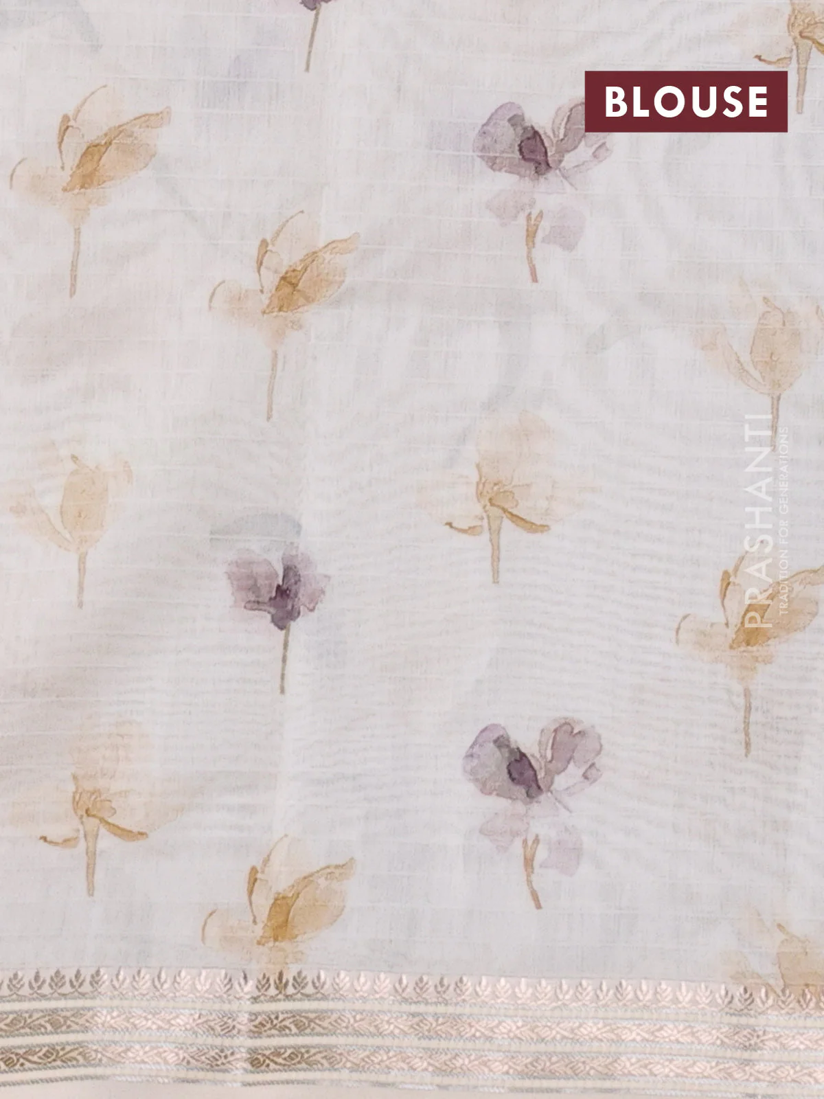 Mul chanderi saree off white and sandal with allover floral digital prints and zari woven border - Image 3