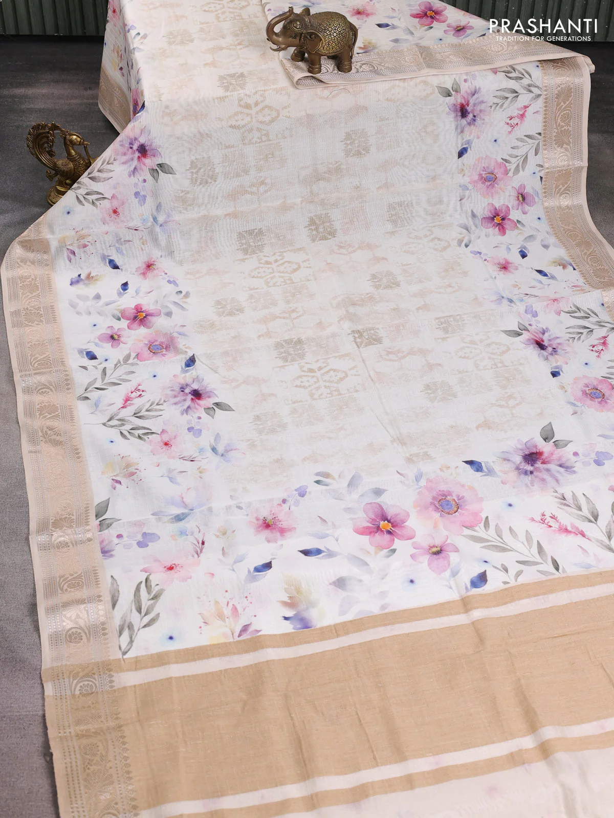 Mul chanderi saree off white and sandal with allover floral digital prints and zari woven border - Image 2