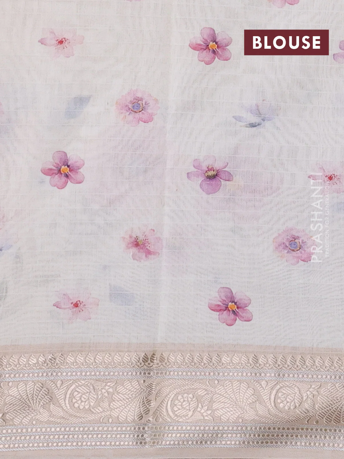 Mul chanderi saree off white and sandal with allover floral digital prints and zari woven border - Image 3