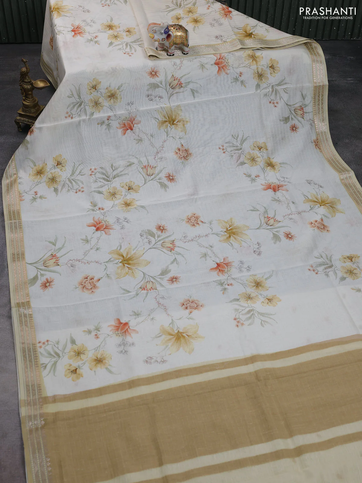 Mul chanderi saree off white and sandal with allover floral digital prints and zari woven border - Image 2