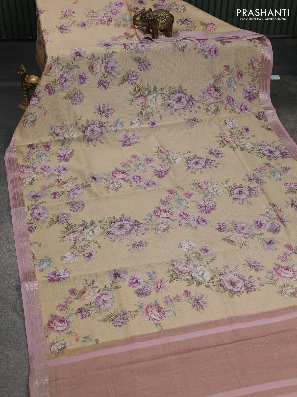 Mul chanderi saree pale yellow and pastel pink with allover floral digital prints and zari woven border - Image 2
