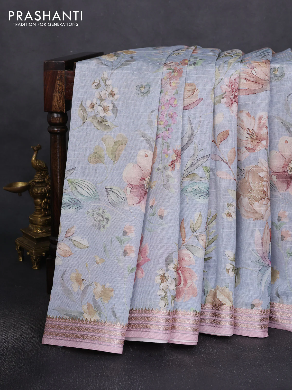 Mul chanderi saree pastel blue and baby pink with allover floral digital prints and zari woven border