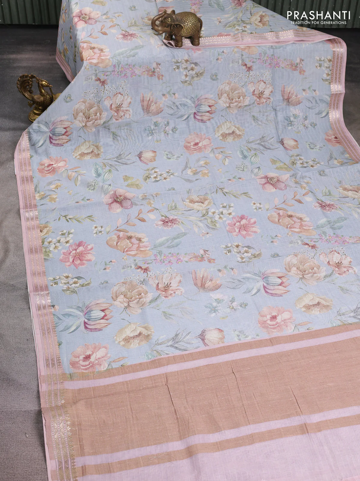 Mul chanderi saree pastel blue and baby pink with allover floral digital prints and zari woven border - Image 2